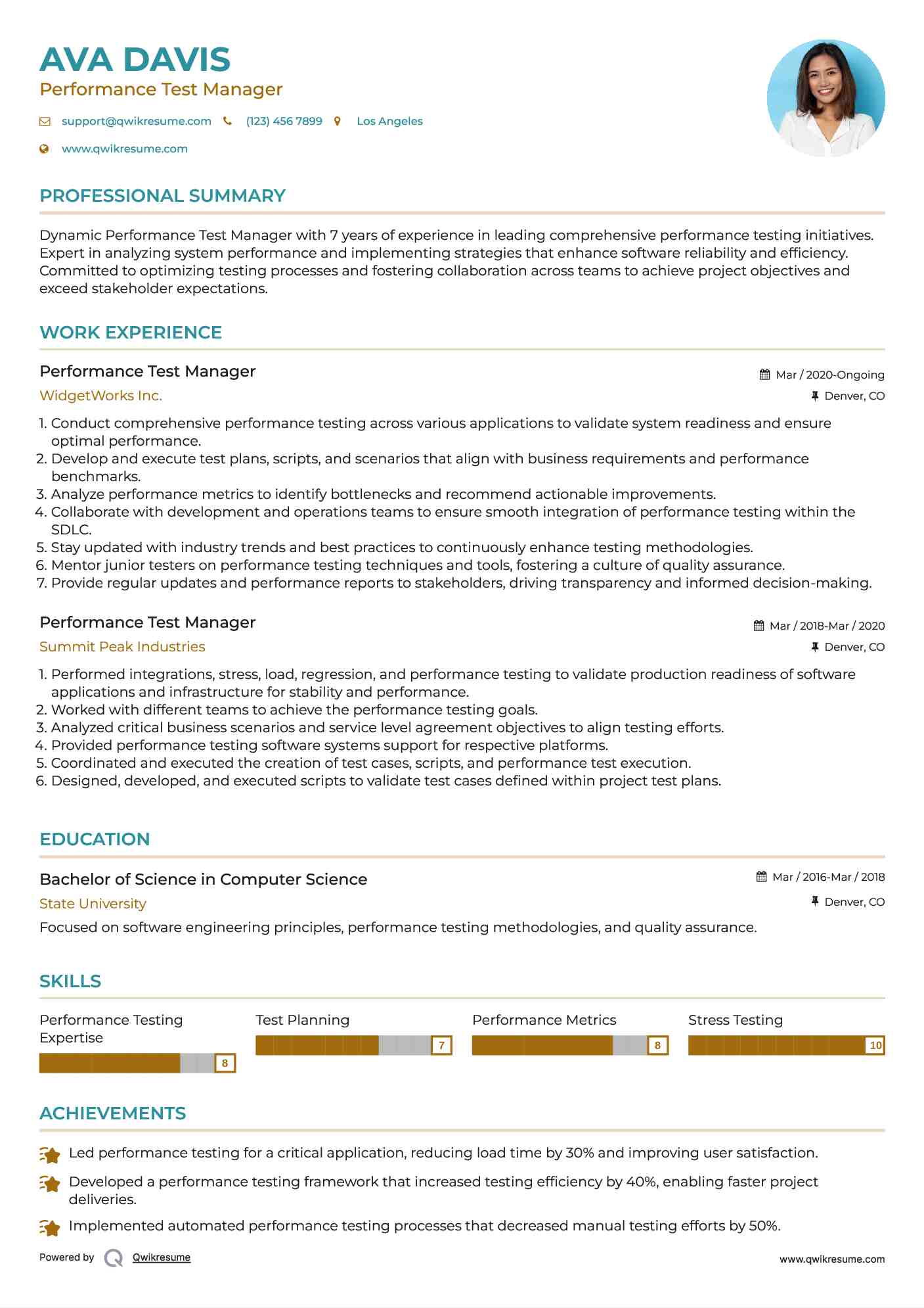 Performance Test Manager Resume Template