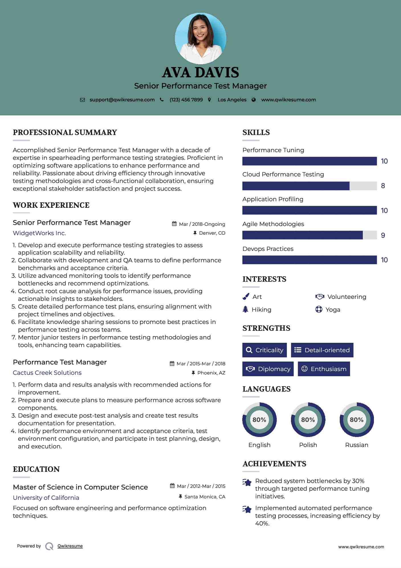 Senior Performance Test Manager Resume Model