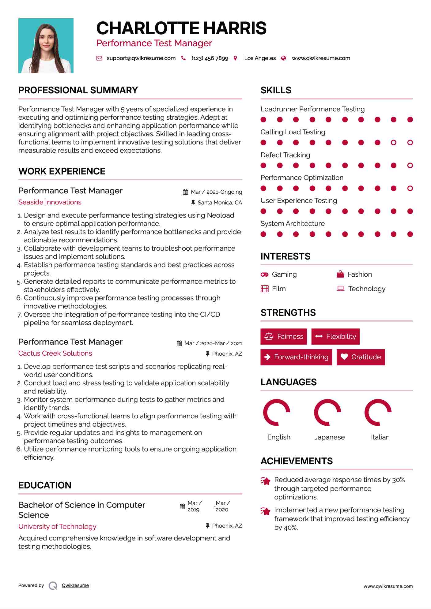 Performance Test Manager Resume Template