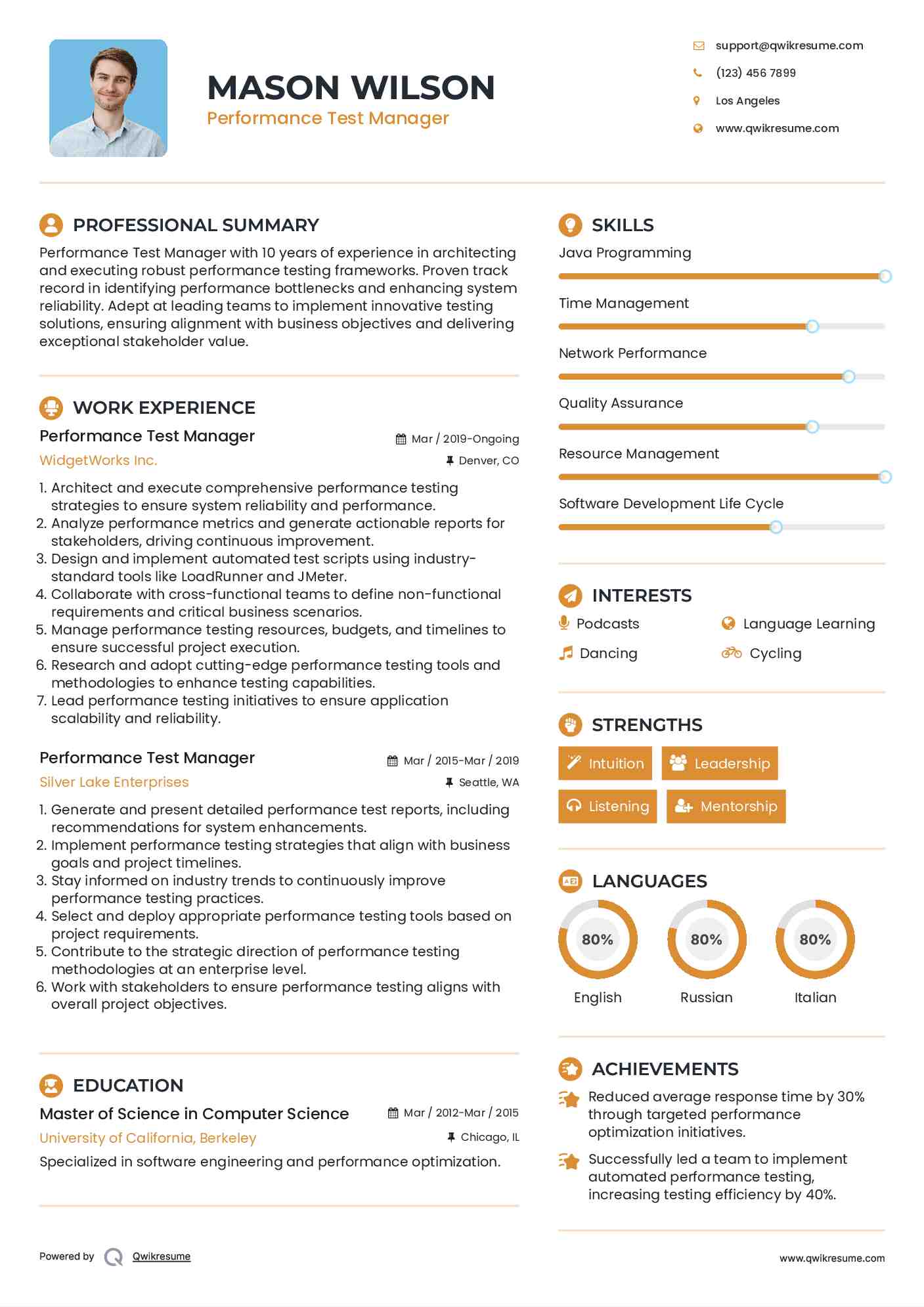 Performance Test Manager Resume Samples QwikResume