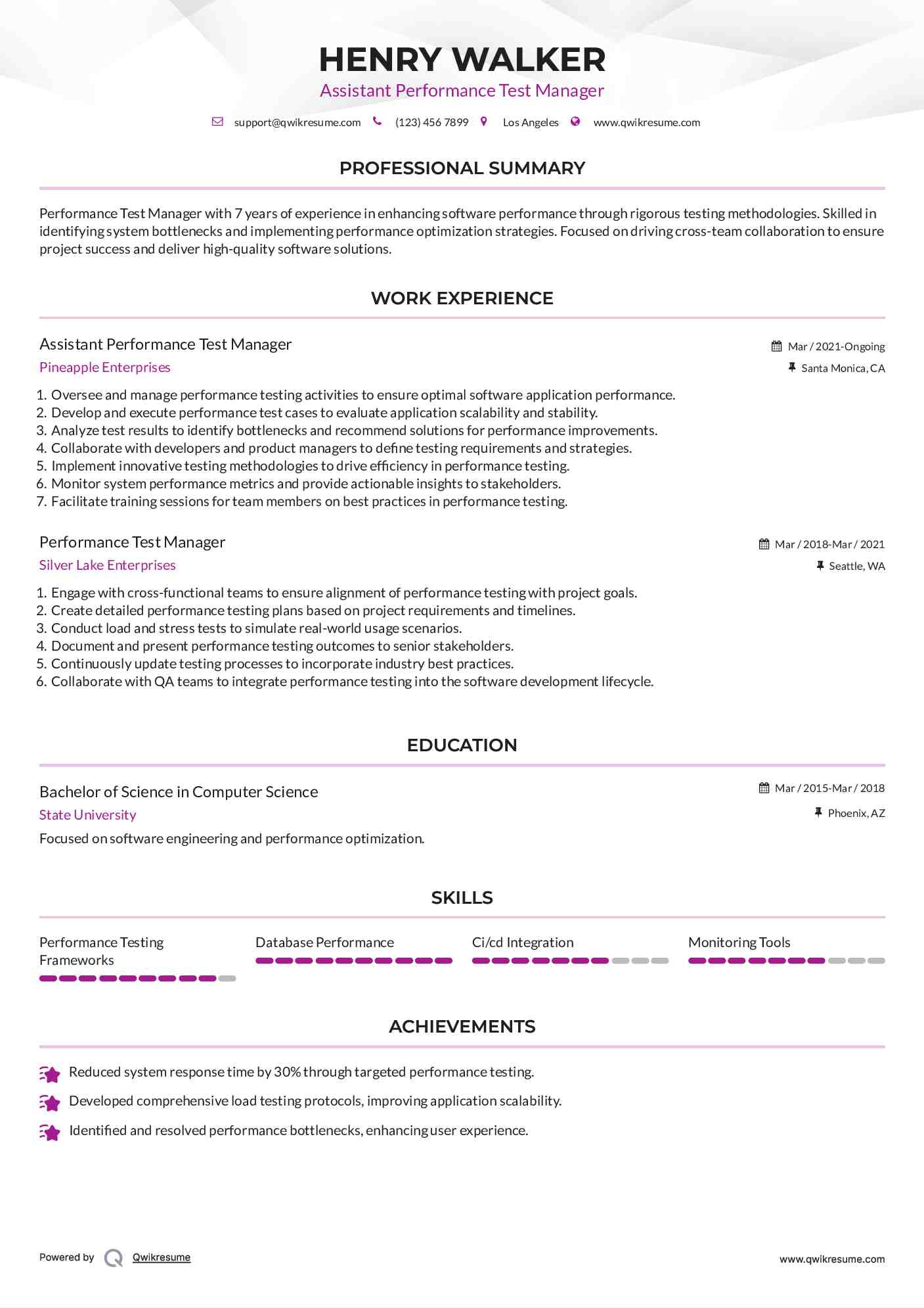 Assistant Performance Test Manager Resume Template