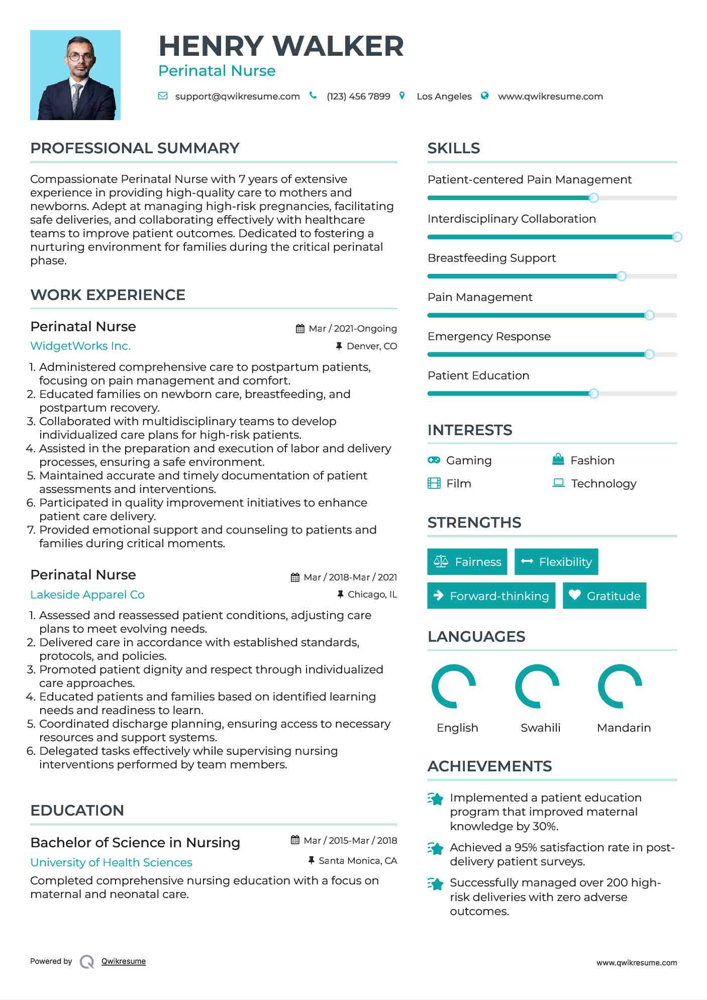 Perinatal Nurse Resume Sample