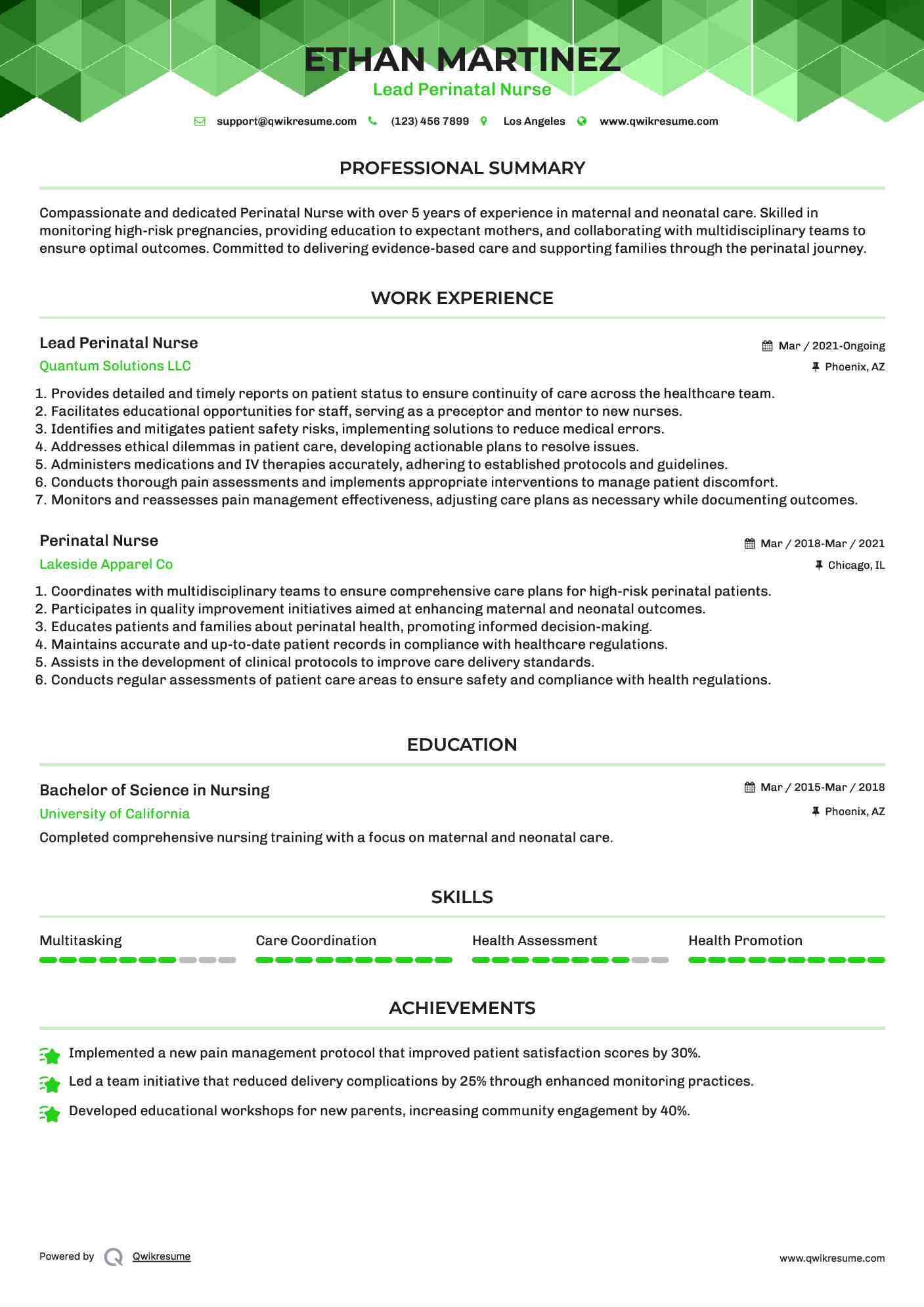 Lead Perinatal Nurse Resume Example