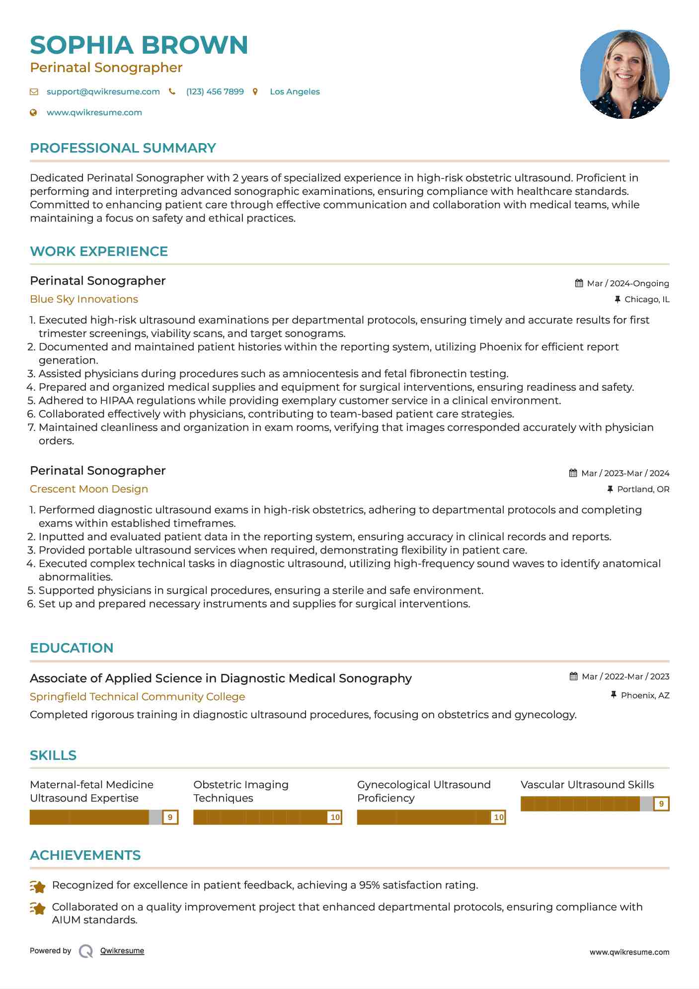 Perinatal Sonographer Resume Example
