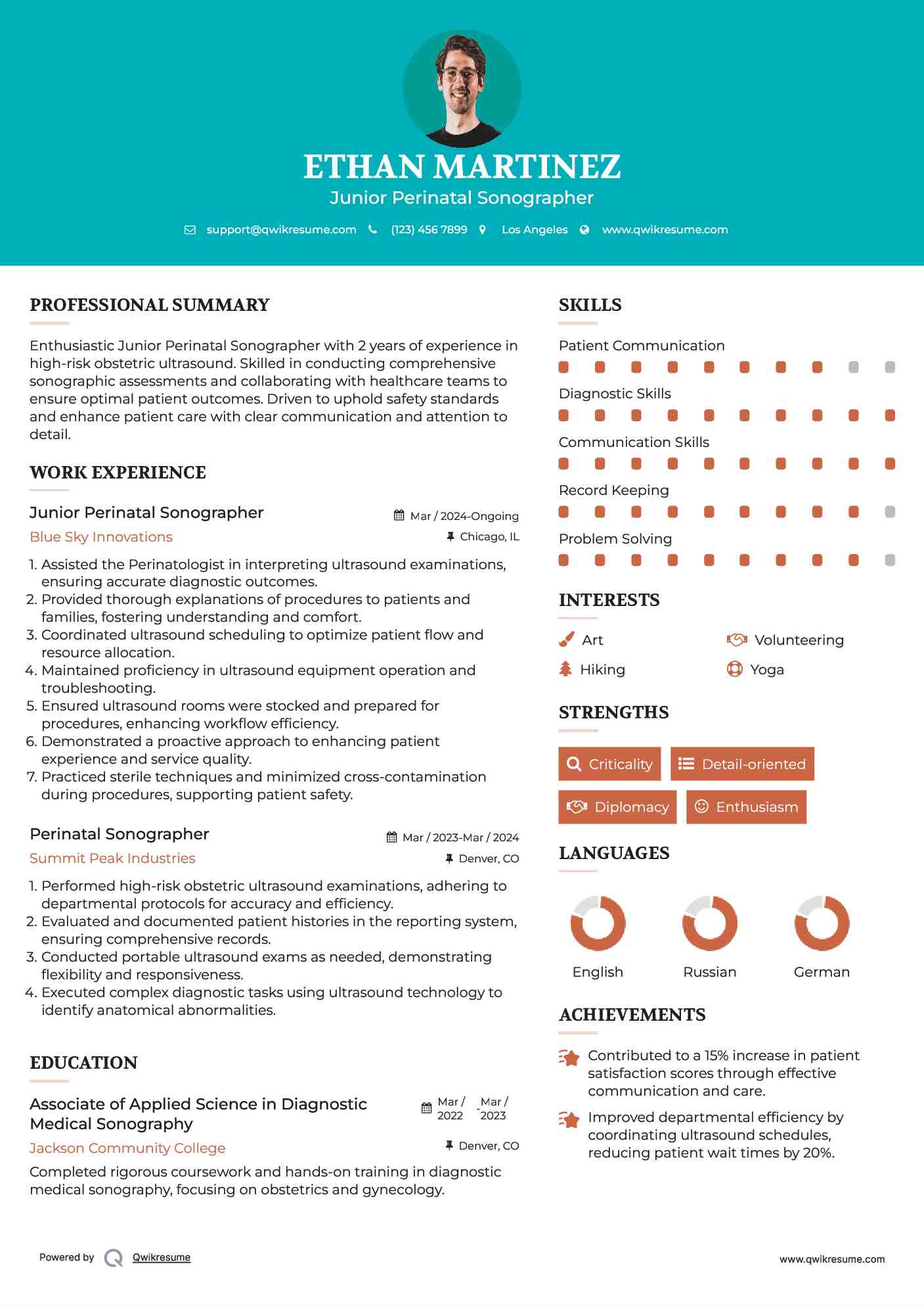 Junior Perinatal Sonographer Resume Model