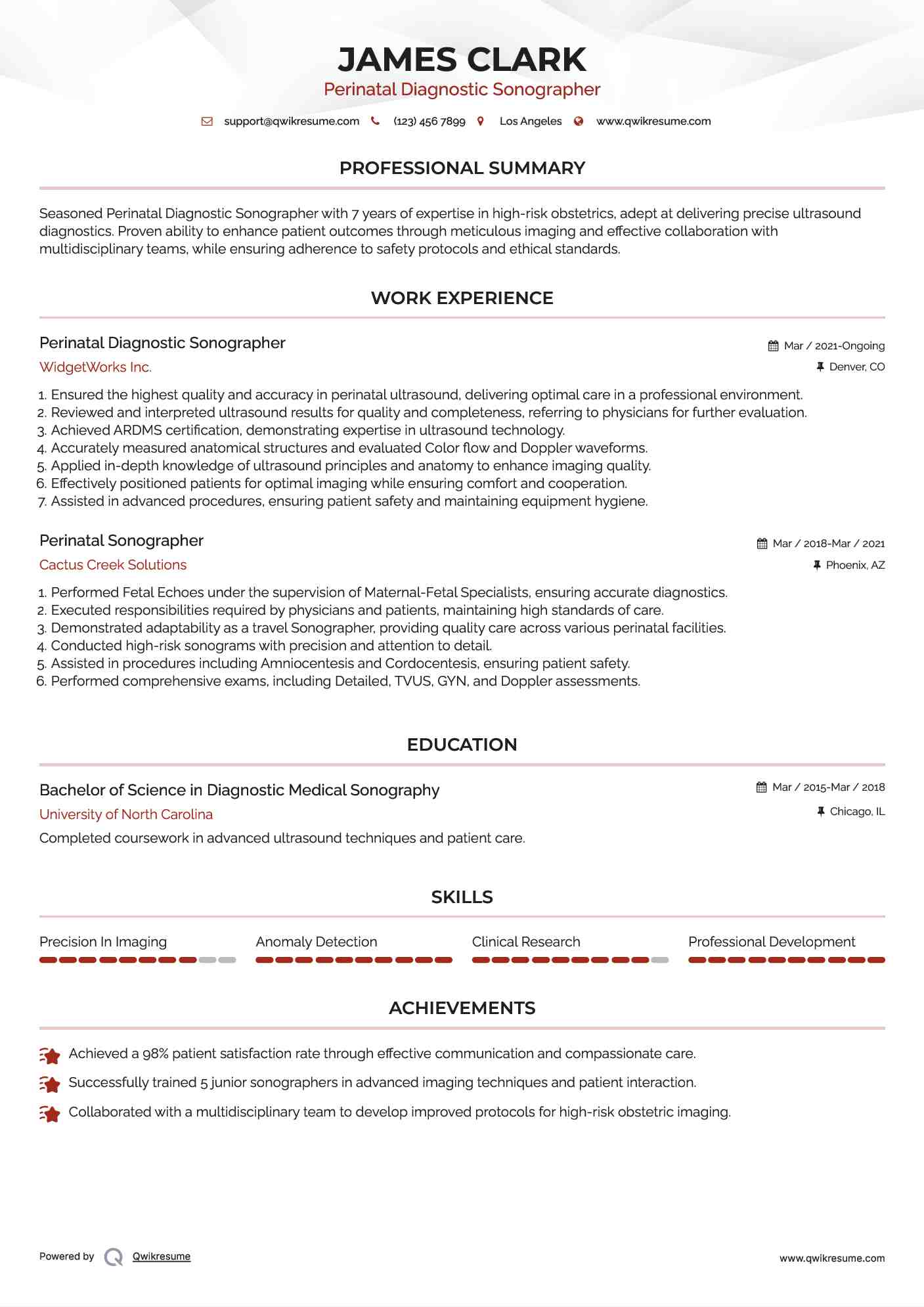 Perinatal Diagnostic Sonographer Resume Sample