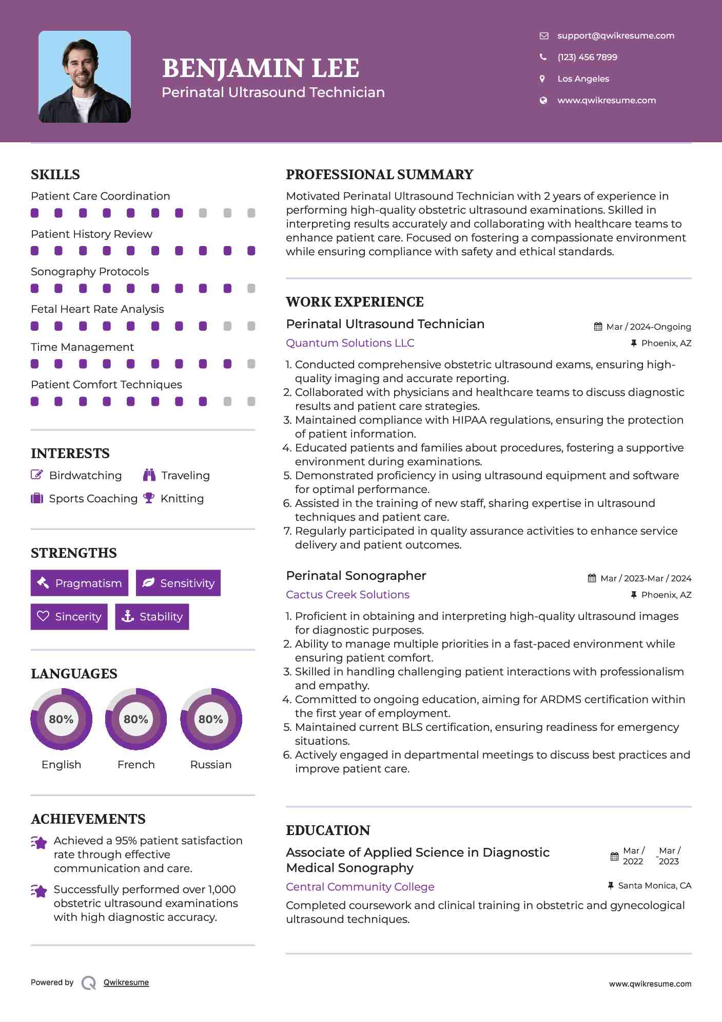 Perinatal Ultrasound Technician Resume Model
