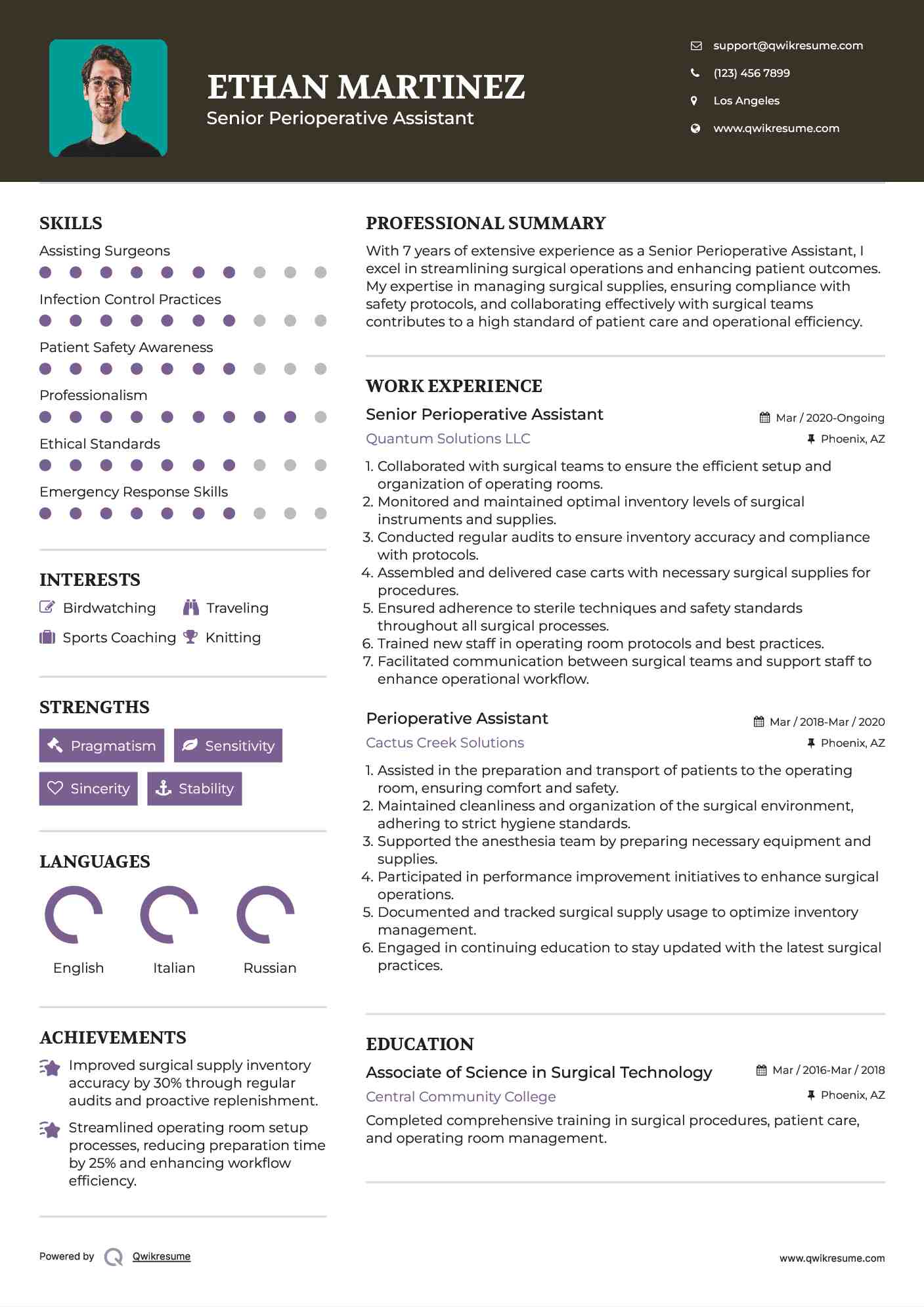 Senior Perioperative Assistant Resume Example