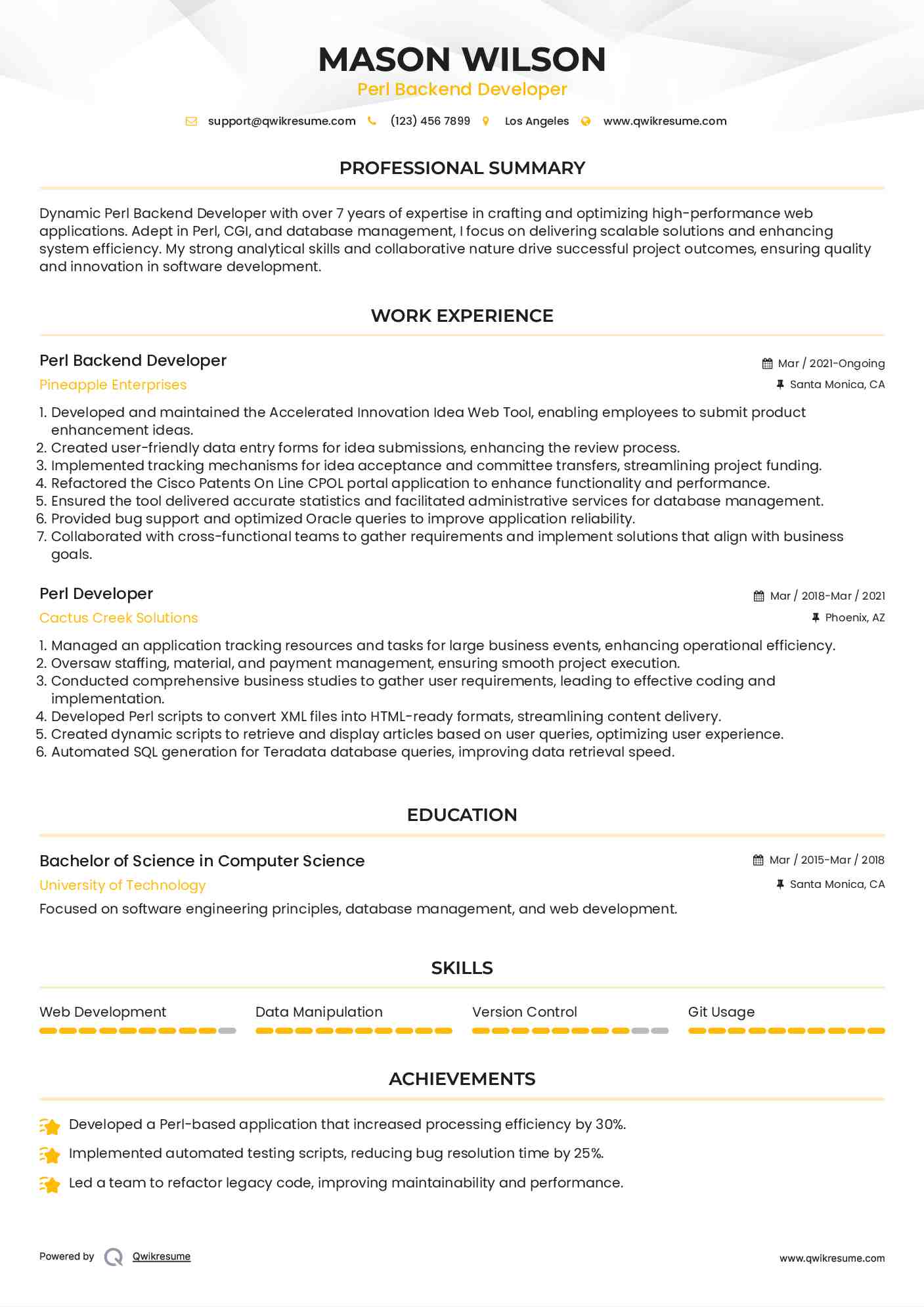 Perl Backend Developer
 Resume Model