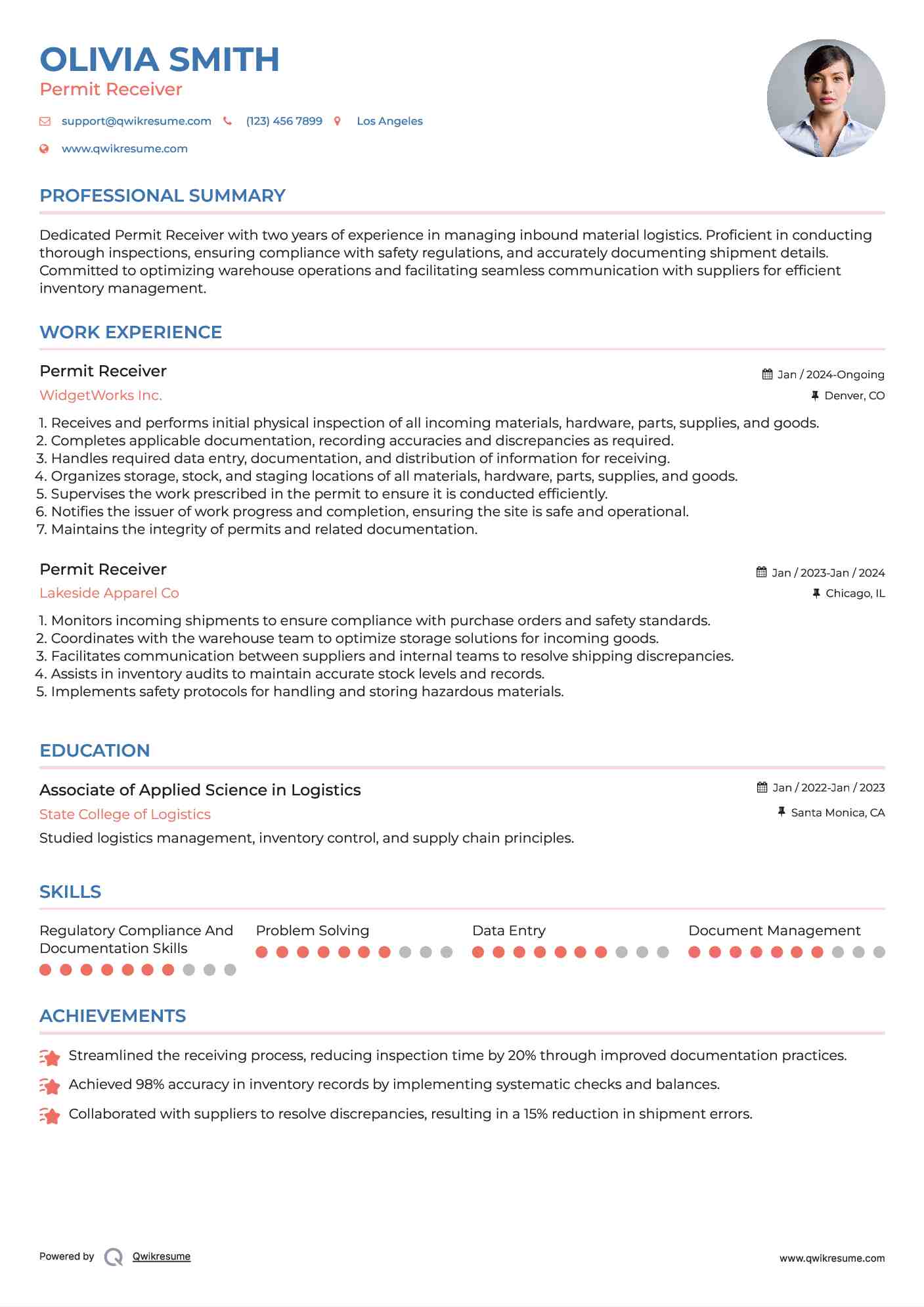 Permit Receiver Resume Format