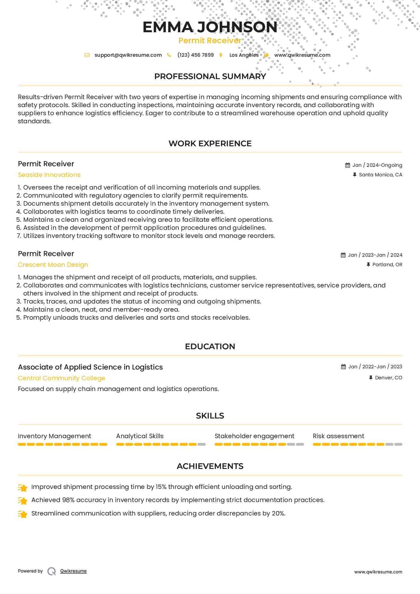 Permit Receiver Resume Format