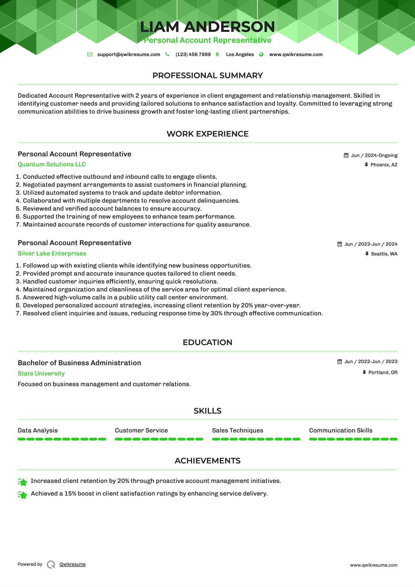 Personal Account Representative Resume Sample