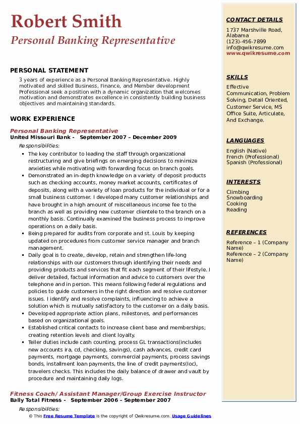 Personal Banking Representative Resume Samples Qwikresume