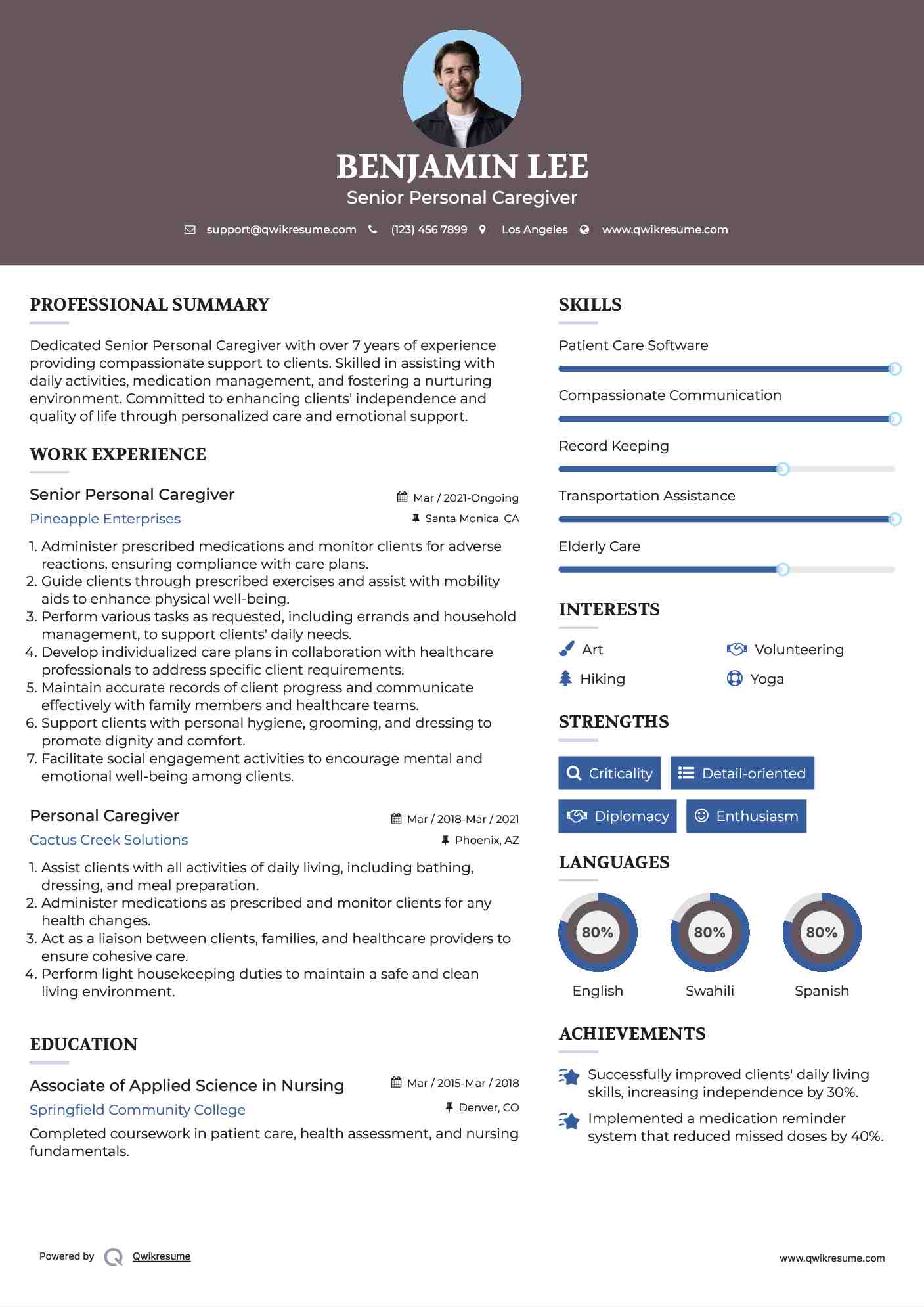 Senior Personal Caregiver Resume Format