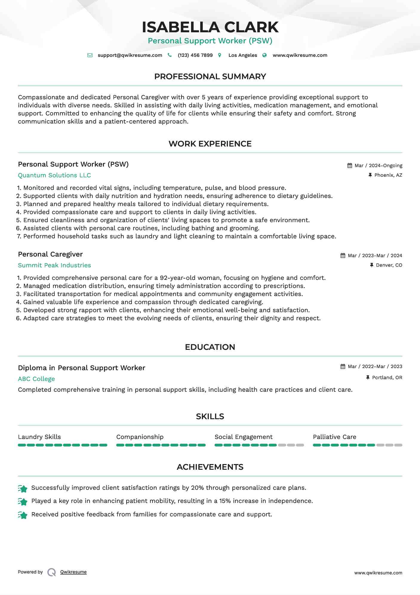 Personal Support Worker (PSW) Resume Template