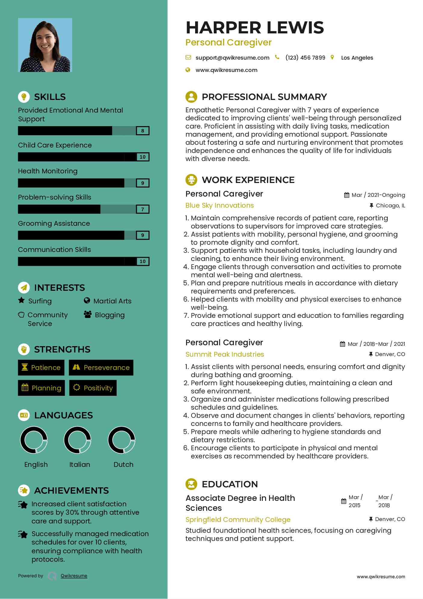 Personal Caregiver Resume Model