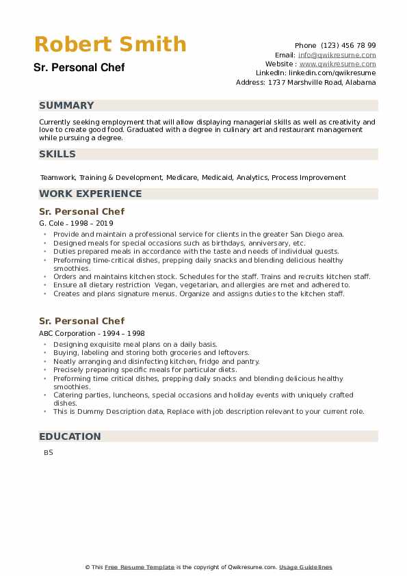 Personal Chef Resume Samples - Personal Chef 1576597778 Pdf