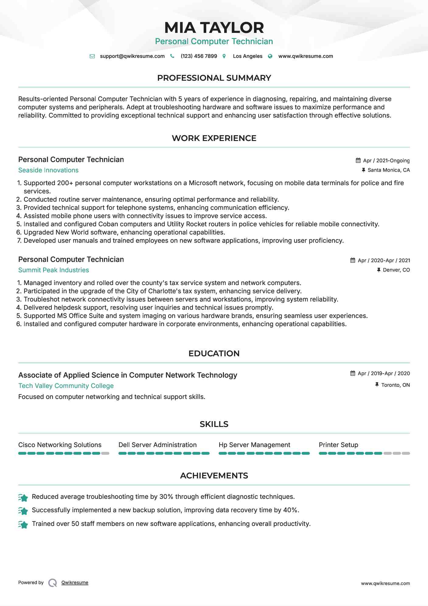Personal Computer Technician Resume Model