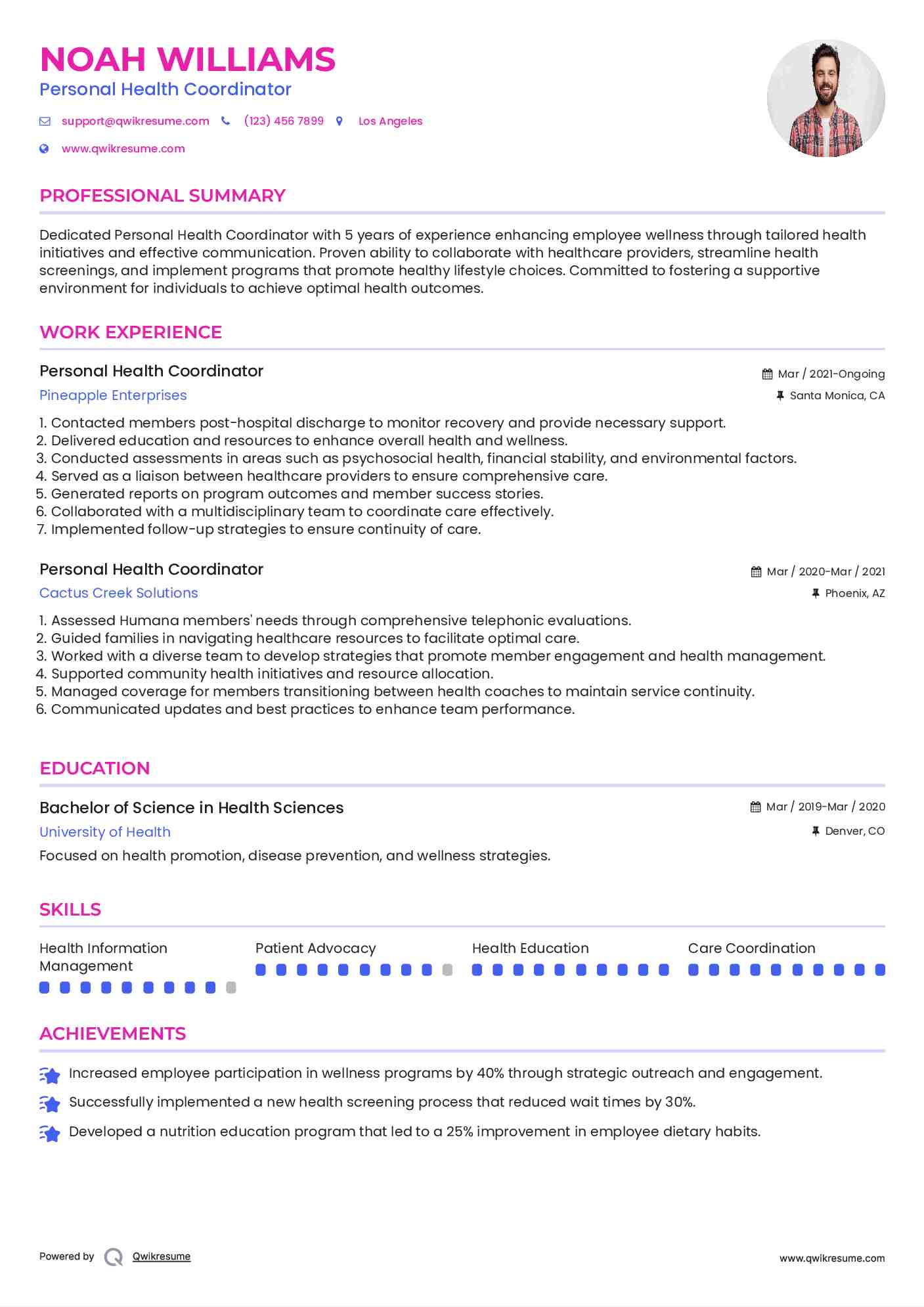 Personal Health Coordinator Resume Format