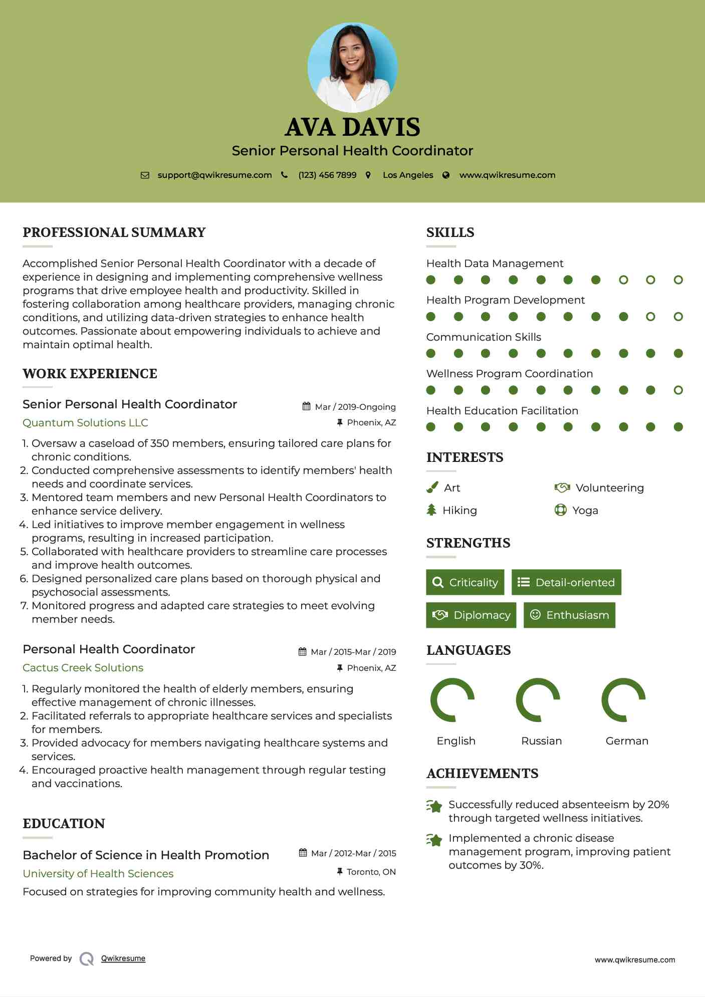 Senior Personal Health Coordinator Resume Format