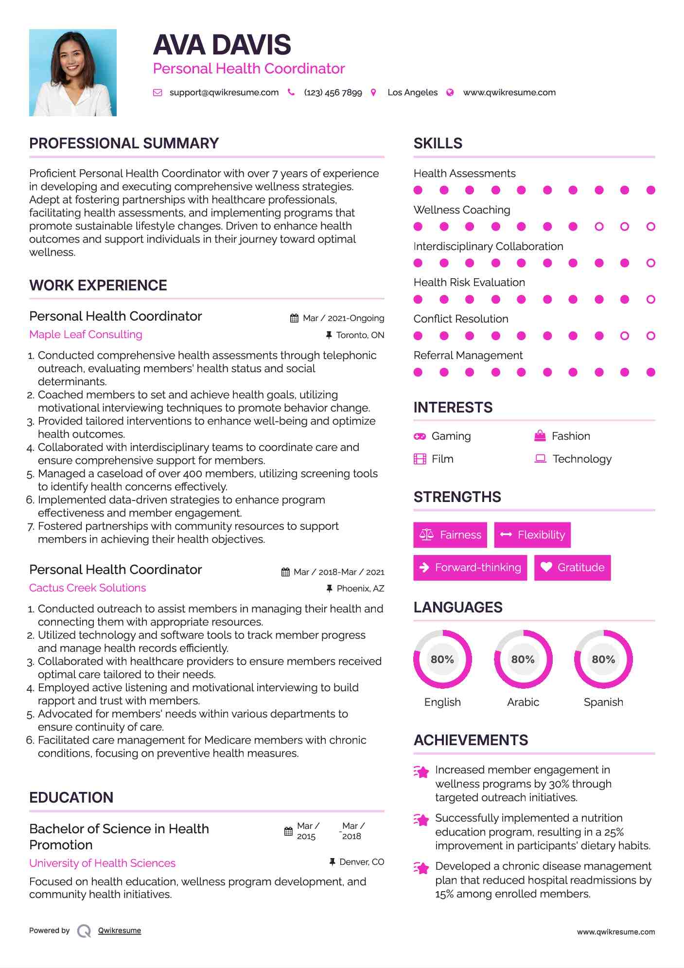 Personal Health Coordinator Resume Example