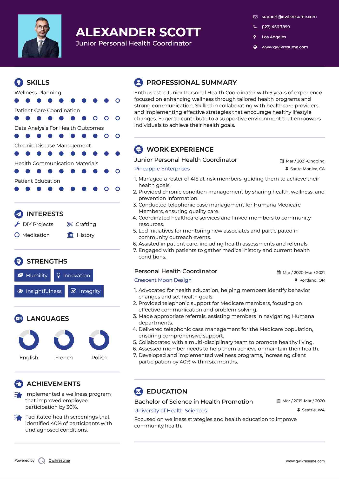 Junior Personal Health Coordinator Resume Sample