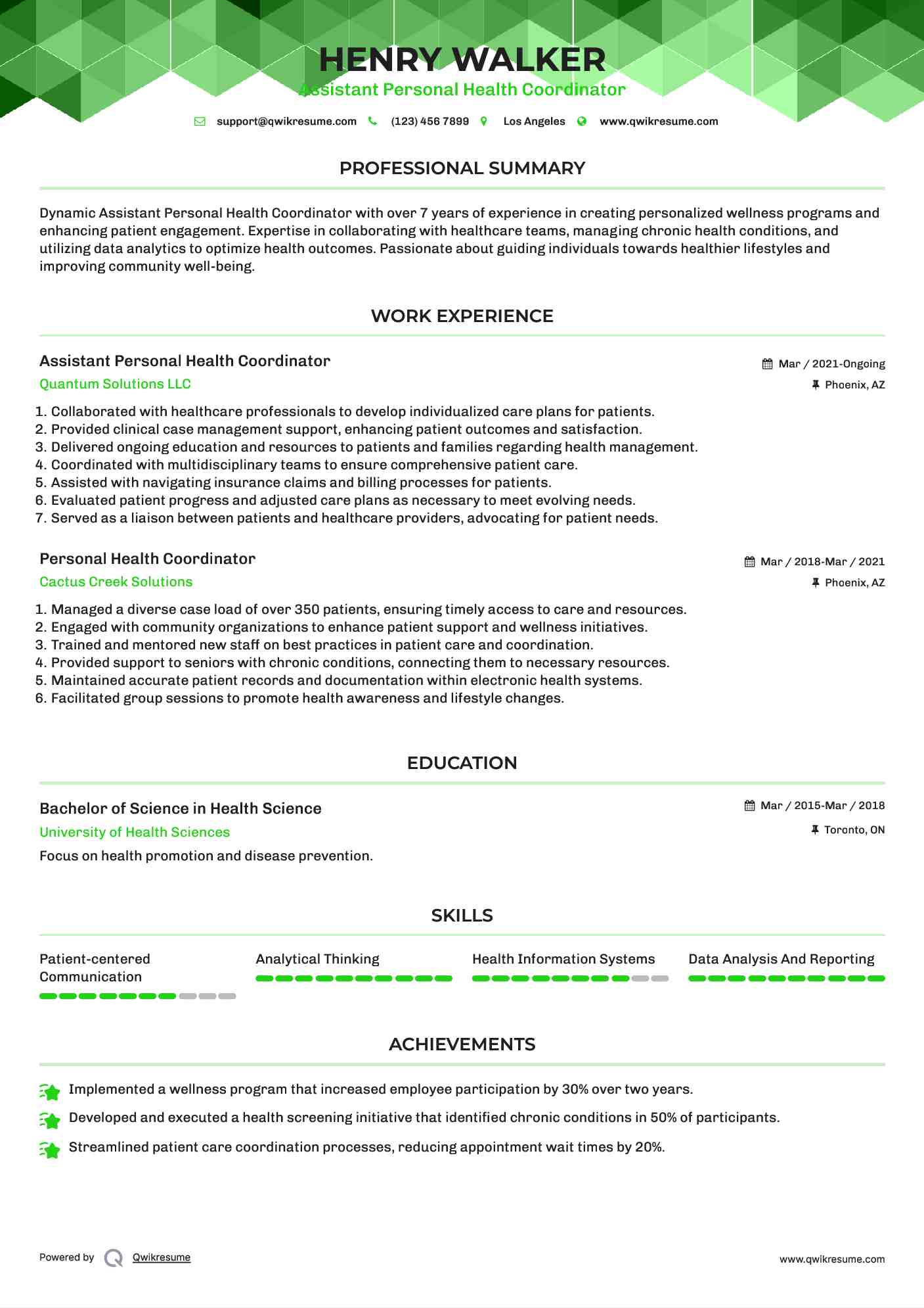 Assistant Personal Health Coordinator Resume Format
