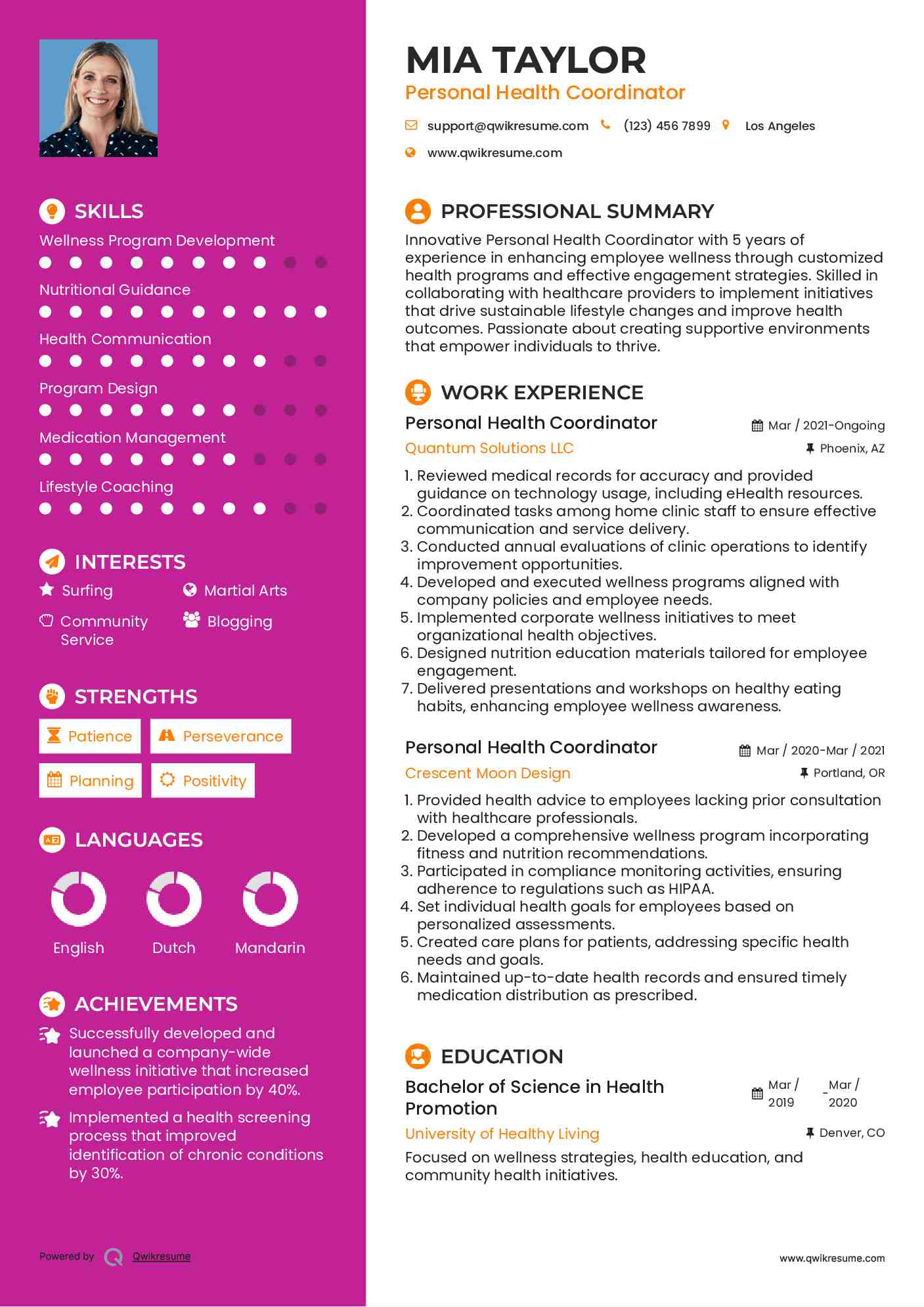 Personal Health Coordinator Resume Model