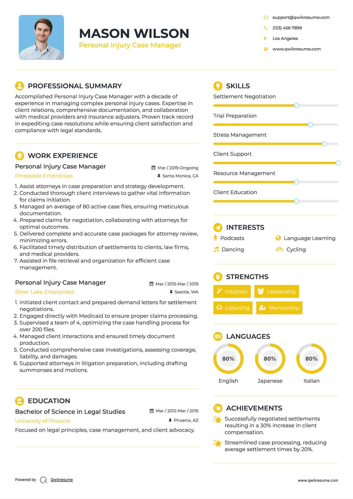 Personal Injury Case Manager Resume Samples QwikResume