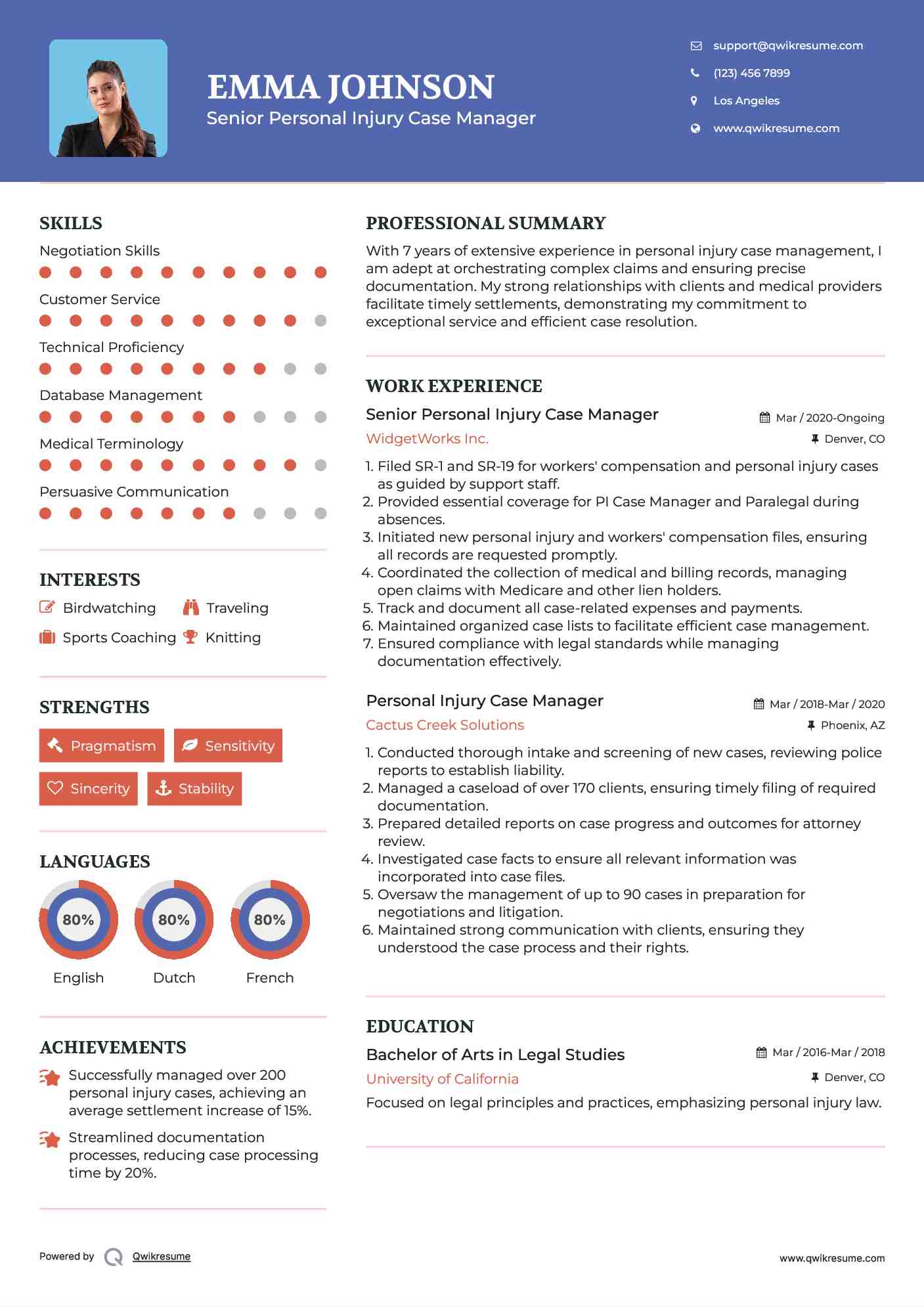 Senior Personal Injury Case Manager Resume Example