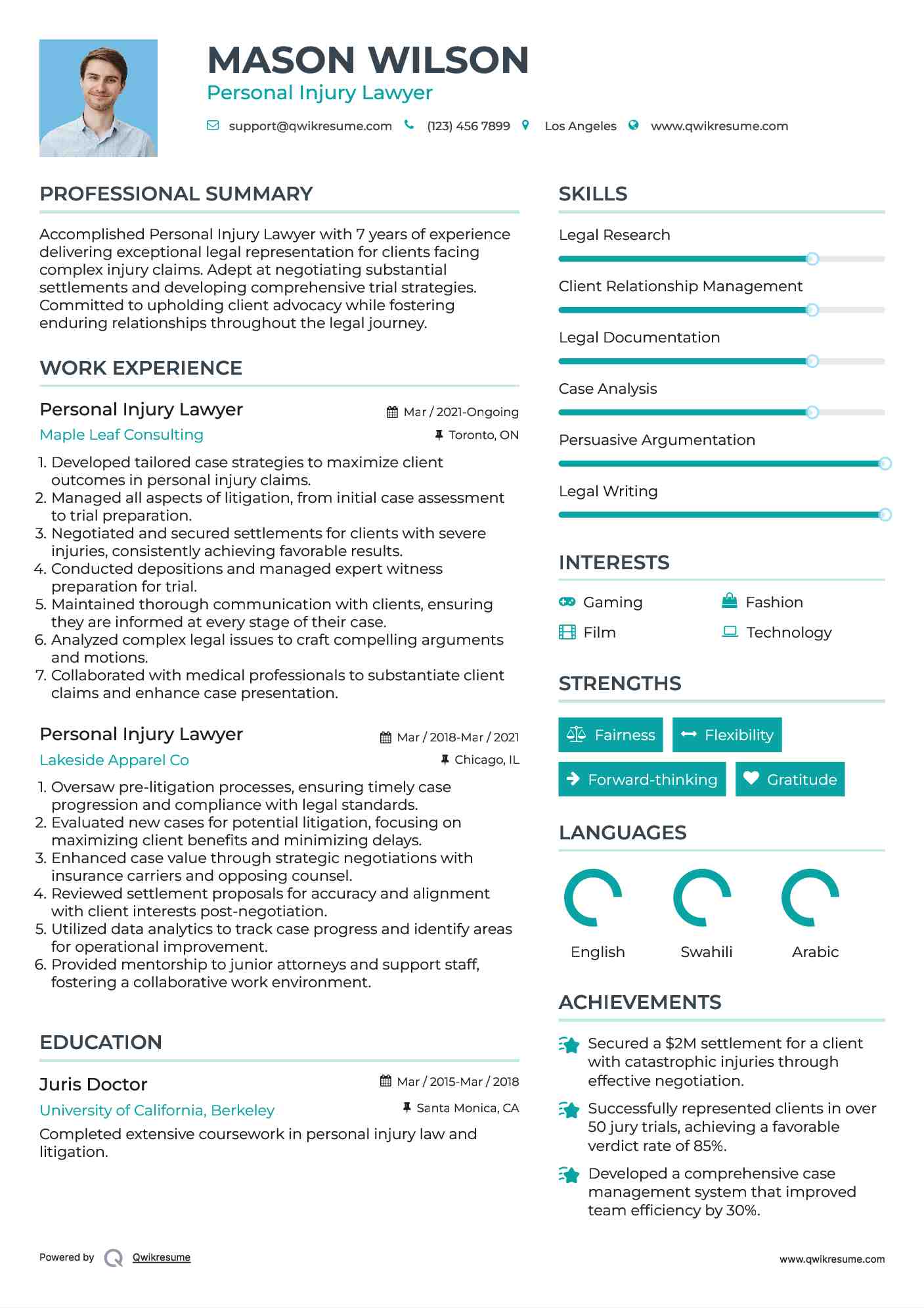 Personal Injury Lawyer Resume Sample