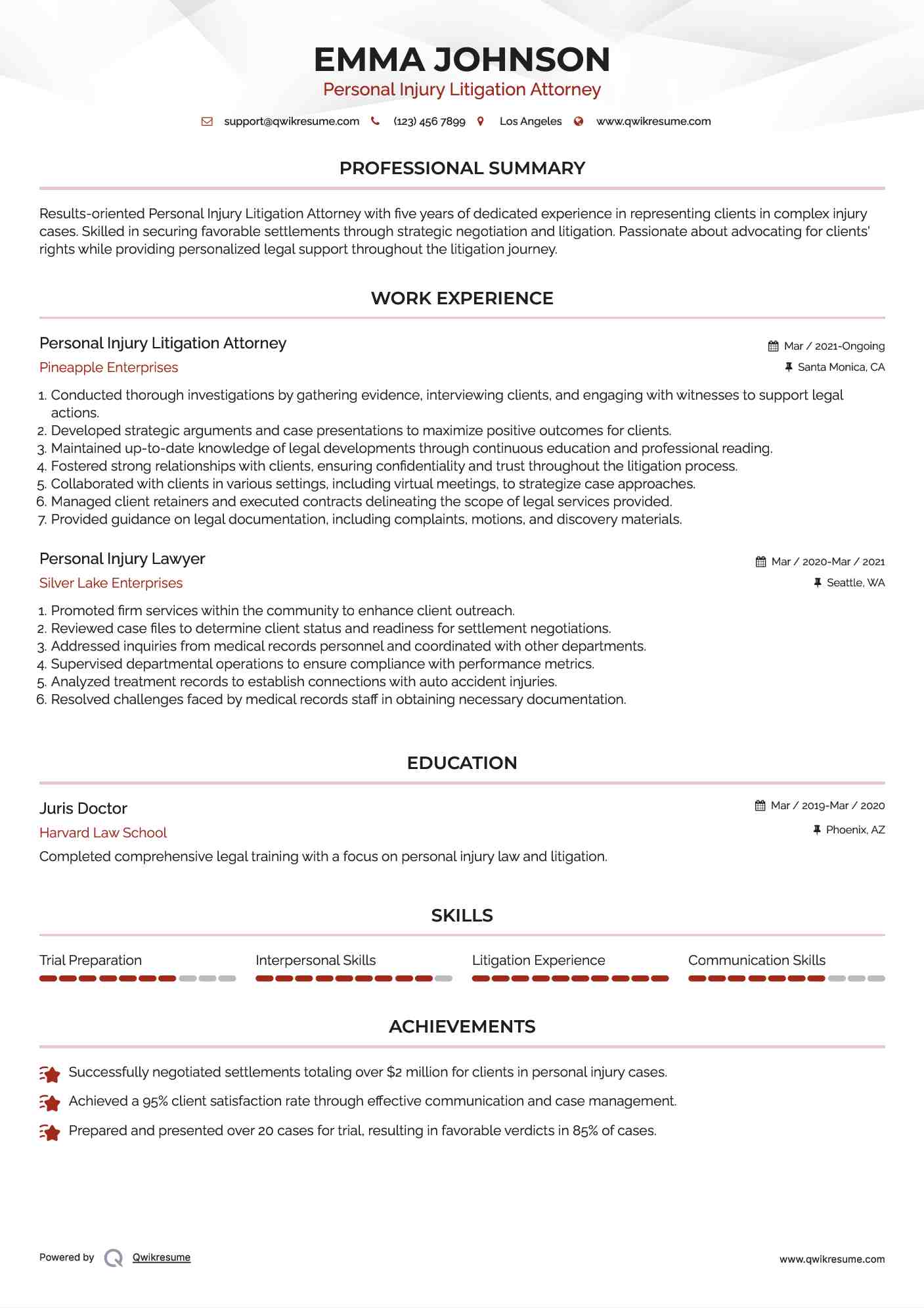 Personal Injury Litigation Attorney
 Resume Example