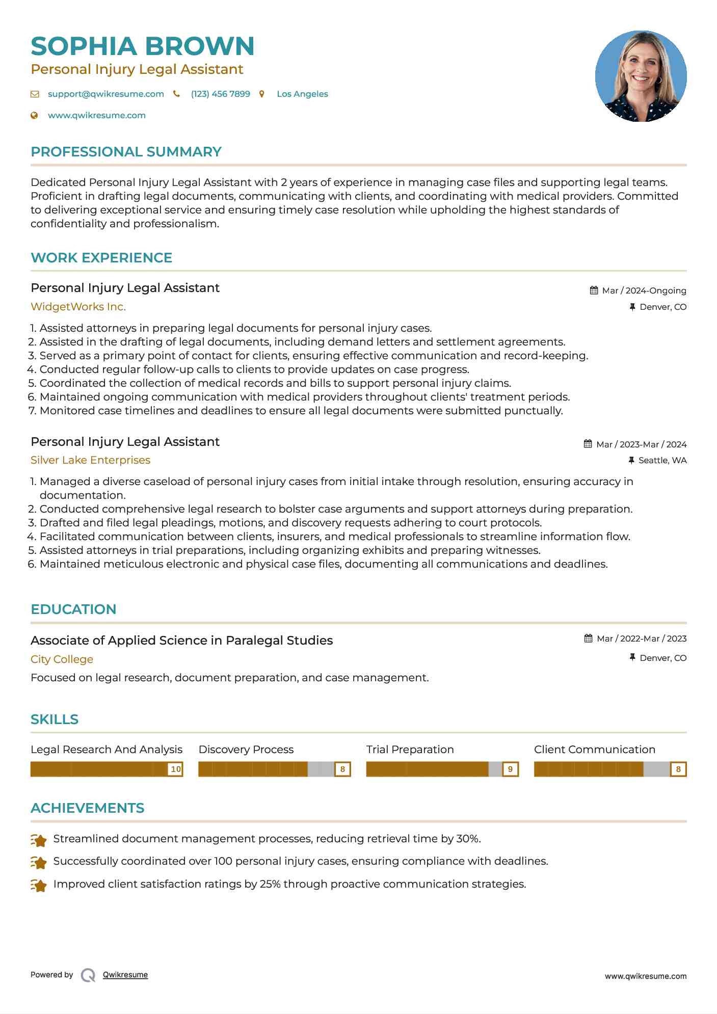 Personal Injury Legal Assistant Resume Template