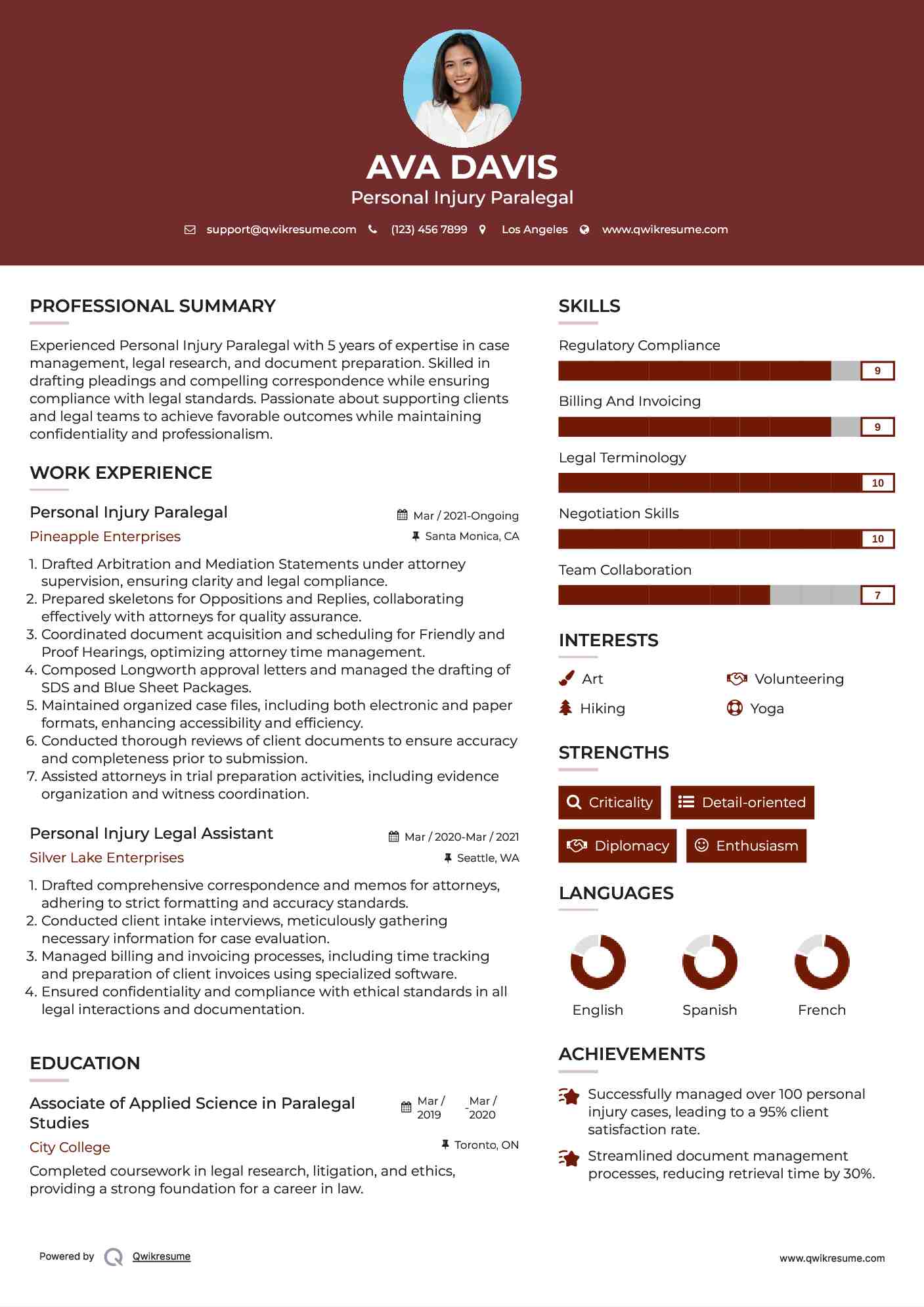 Personal Injury Paralegal Resume Model
