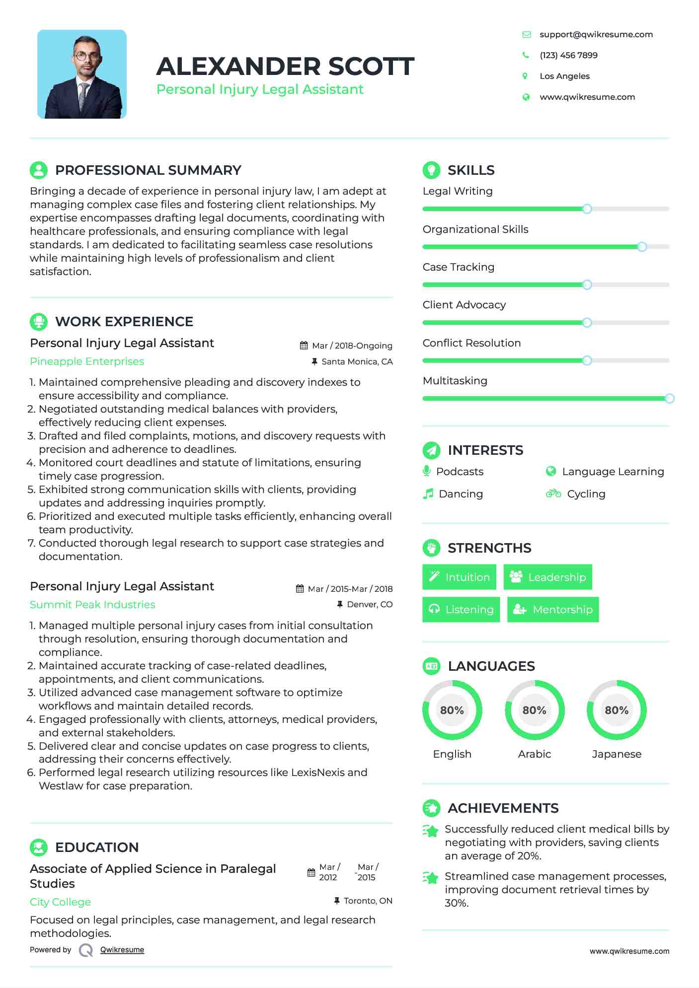 Personal Injury Legal Assistant Resume Example