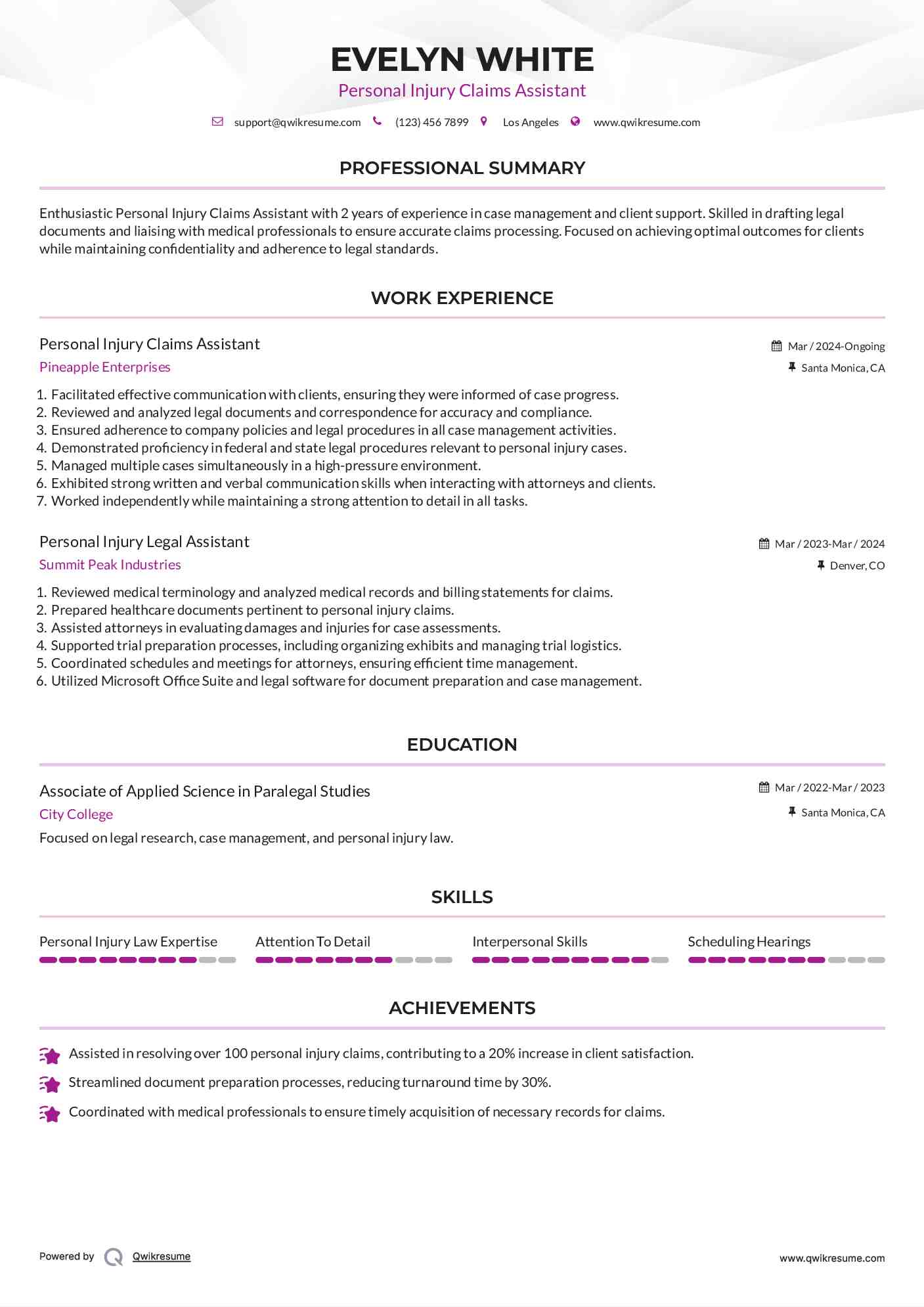 Personal Injury Claims Assistant Resume Model