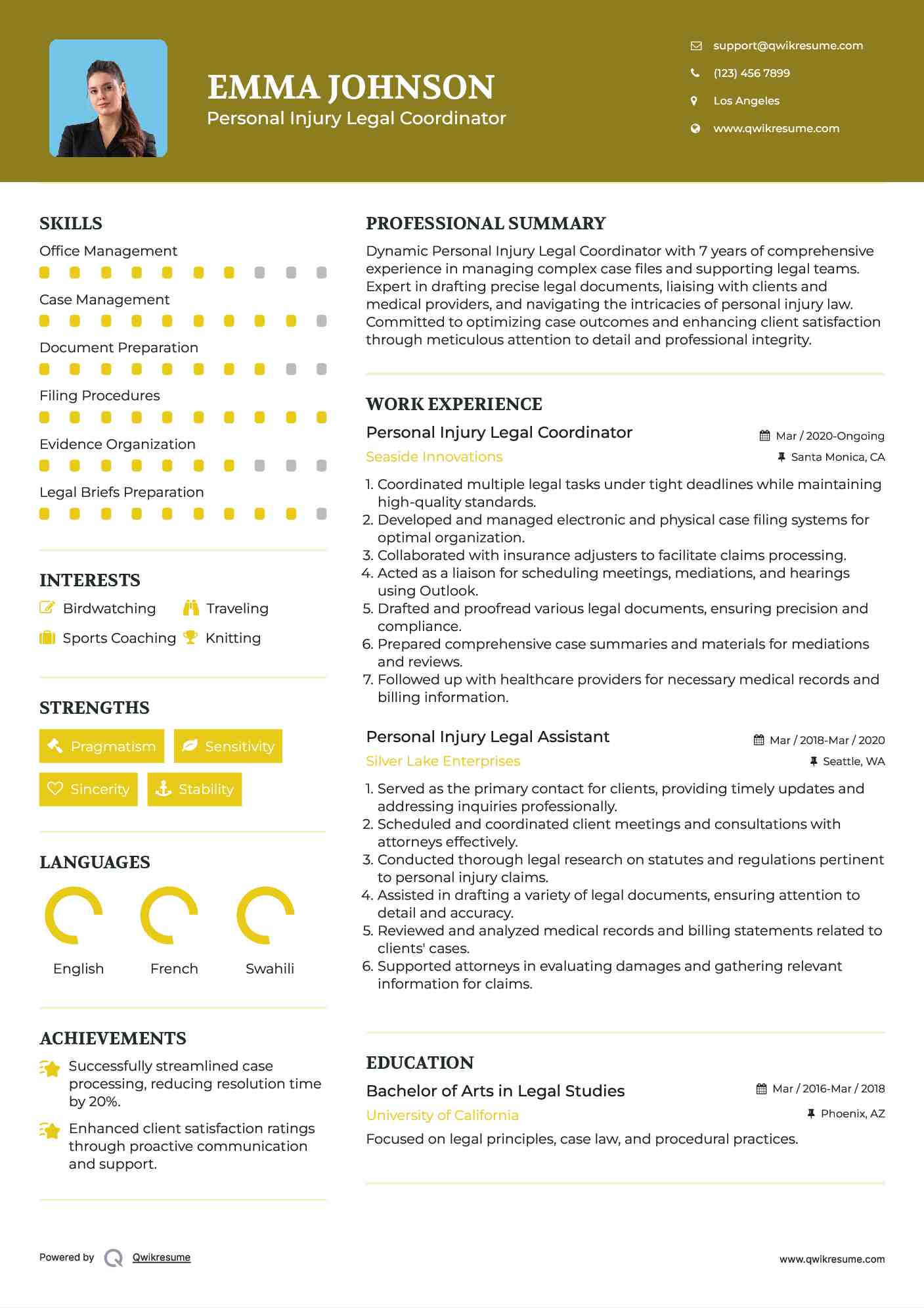 Personal Injury Legal Coordinator Resume Model