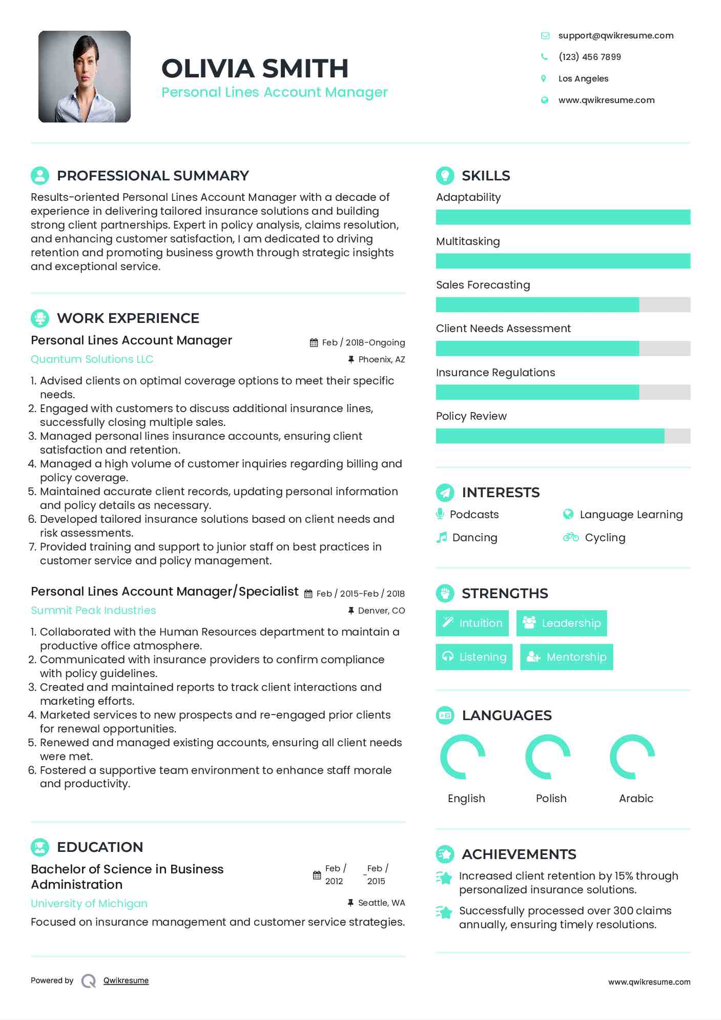 Personal Lines Account Manager Resume Model