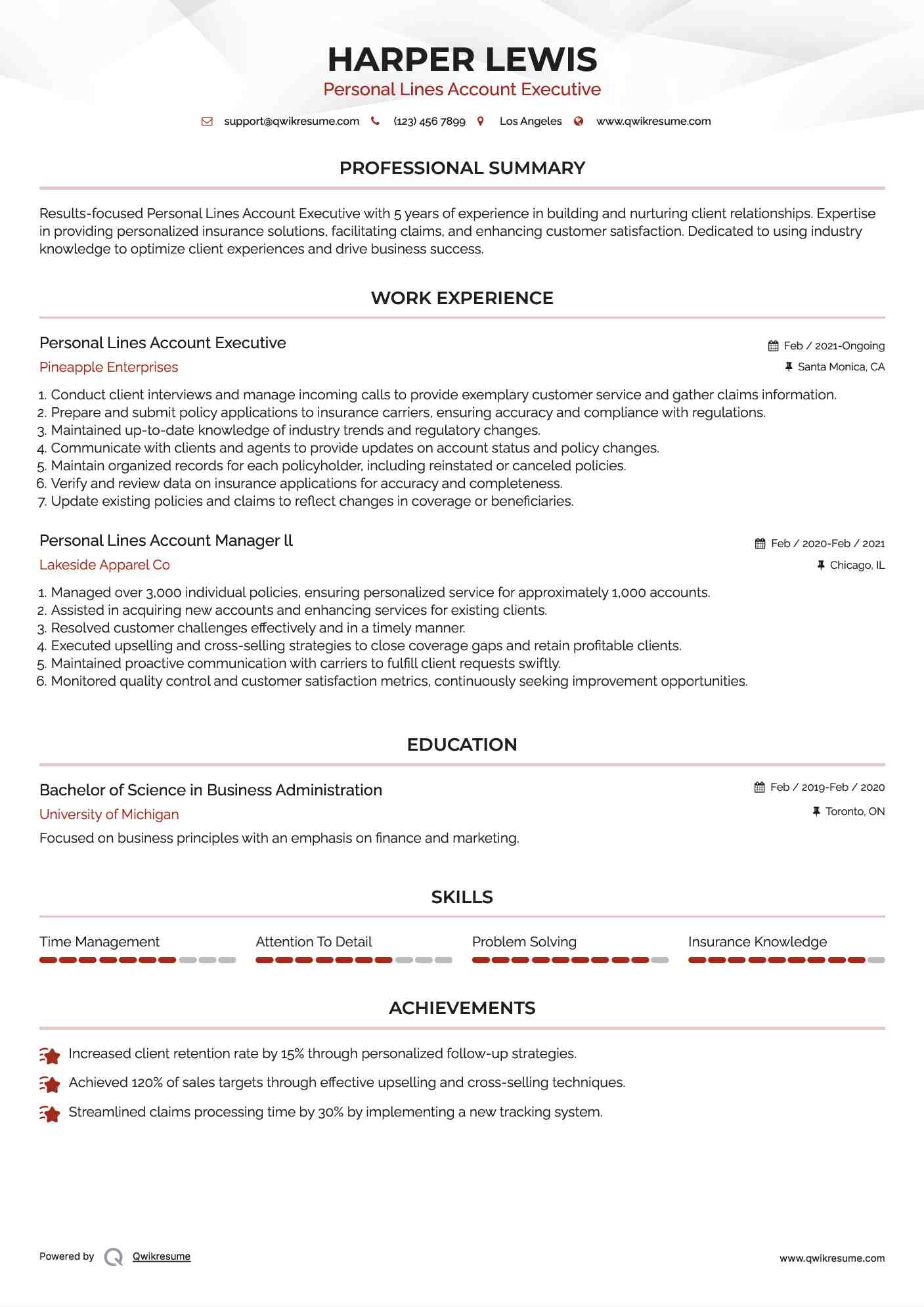 Personal Lines Account Executive Resume Template