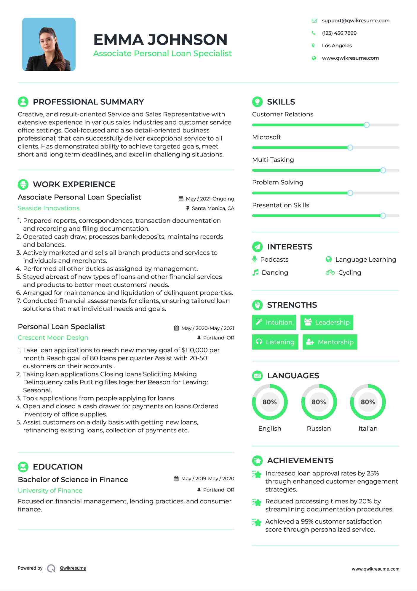 Associate Personal Loan Specialist Resume Template