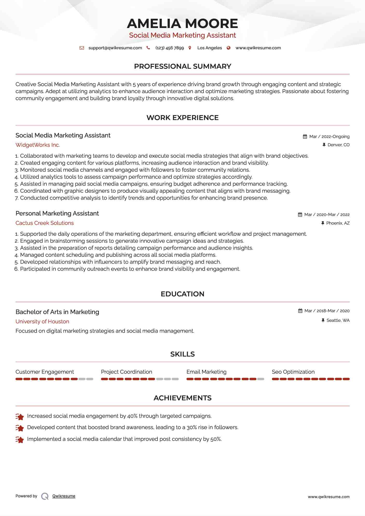 Social Media Marketing Assistant Resume Example