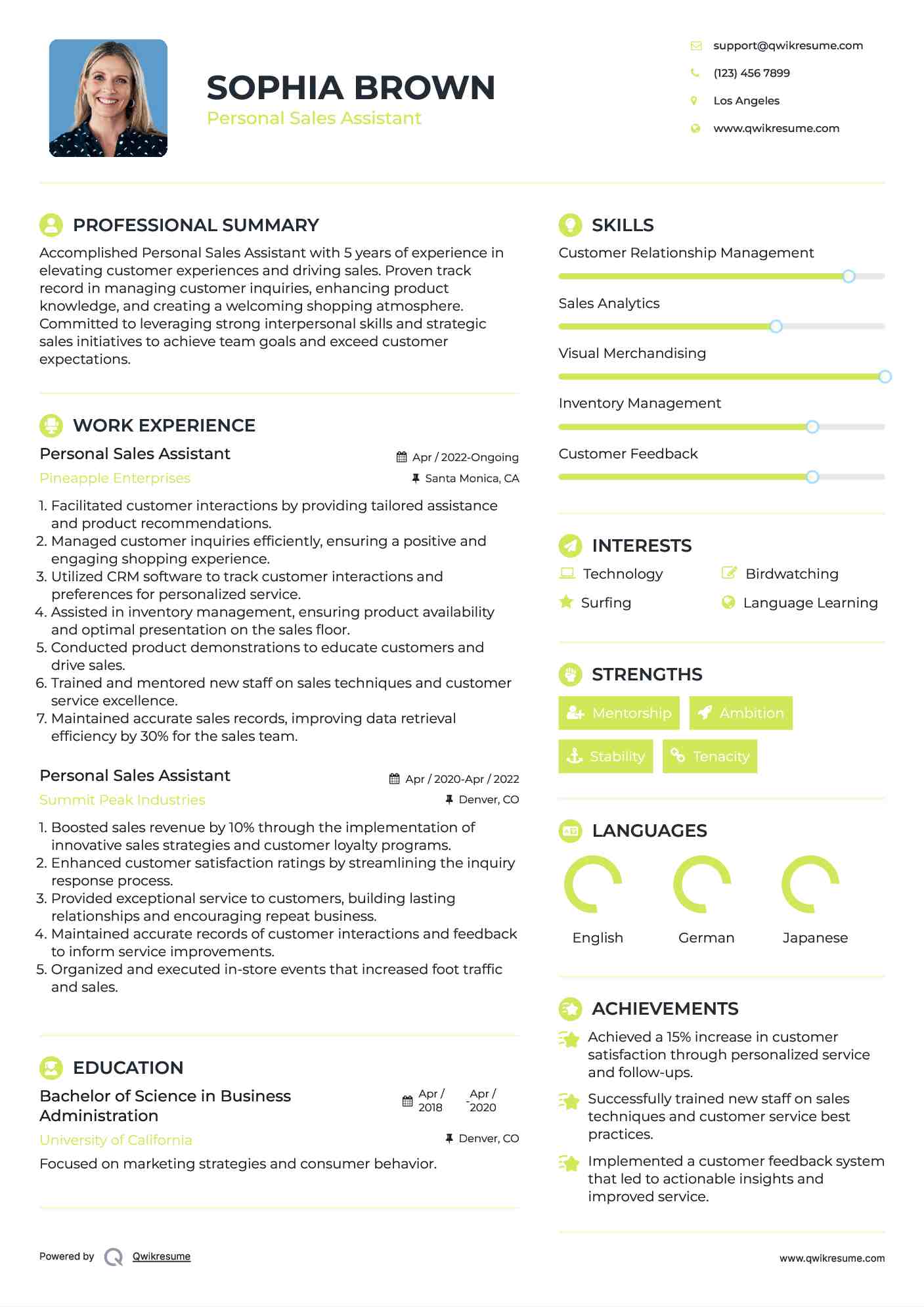 Personal Sales Assistant Resume Sample