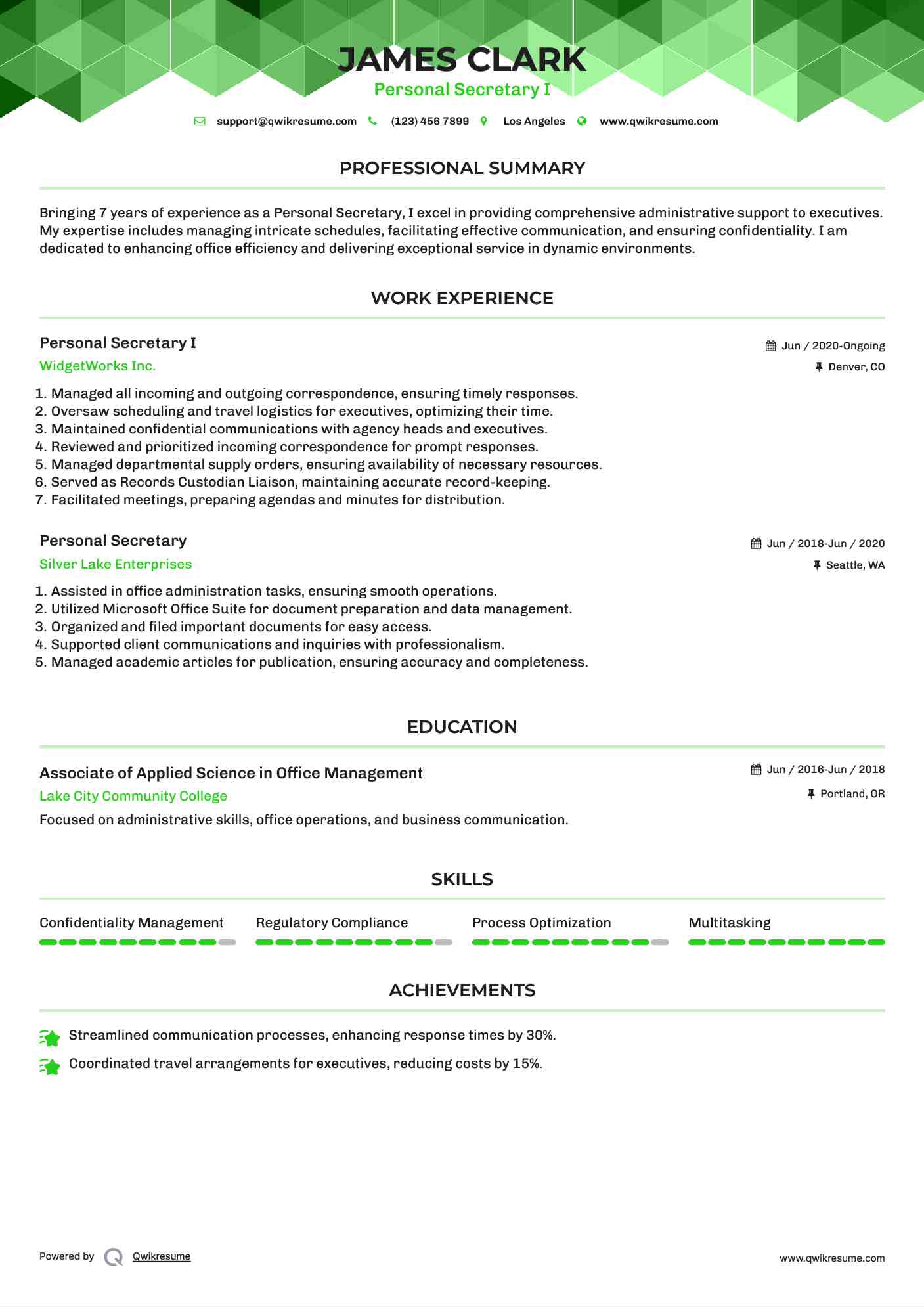 Personal Secretary I Resume Model