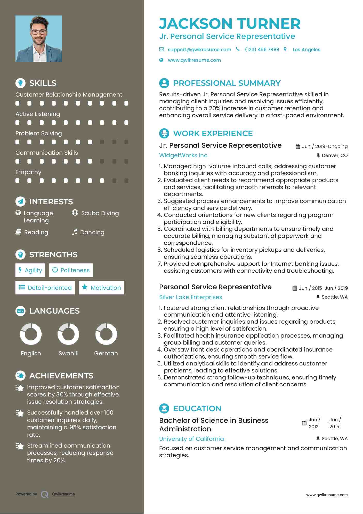 Jr. Personal Service Representative Resume Template