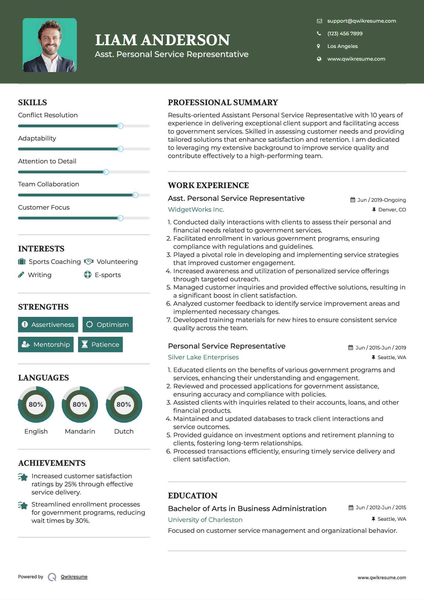 Asst. Personal Service Representative Resume Model