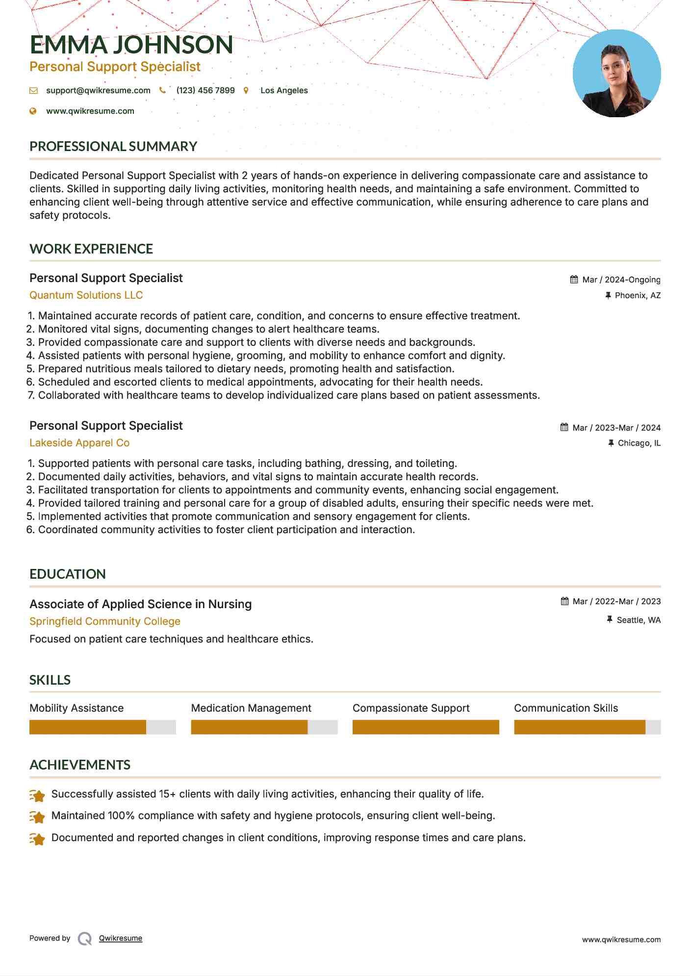 Personal Support Specialist Resume Template