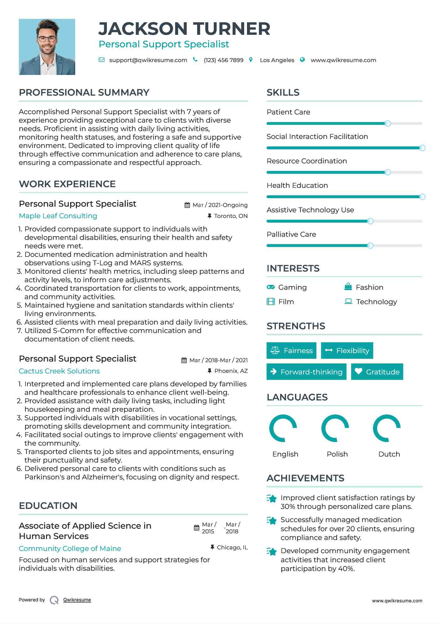 Personal Support Specialist Resume Template
