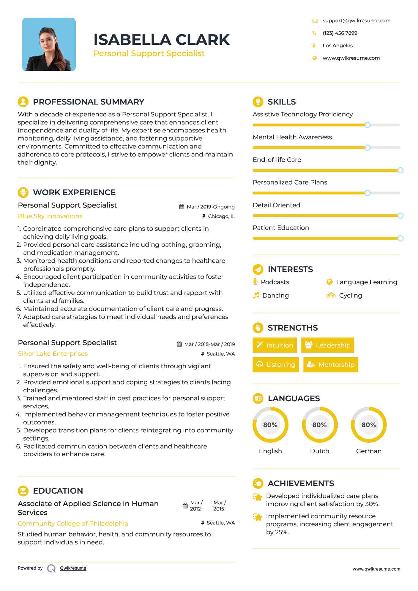 Personal Support Specialist Resume Model