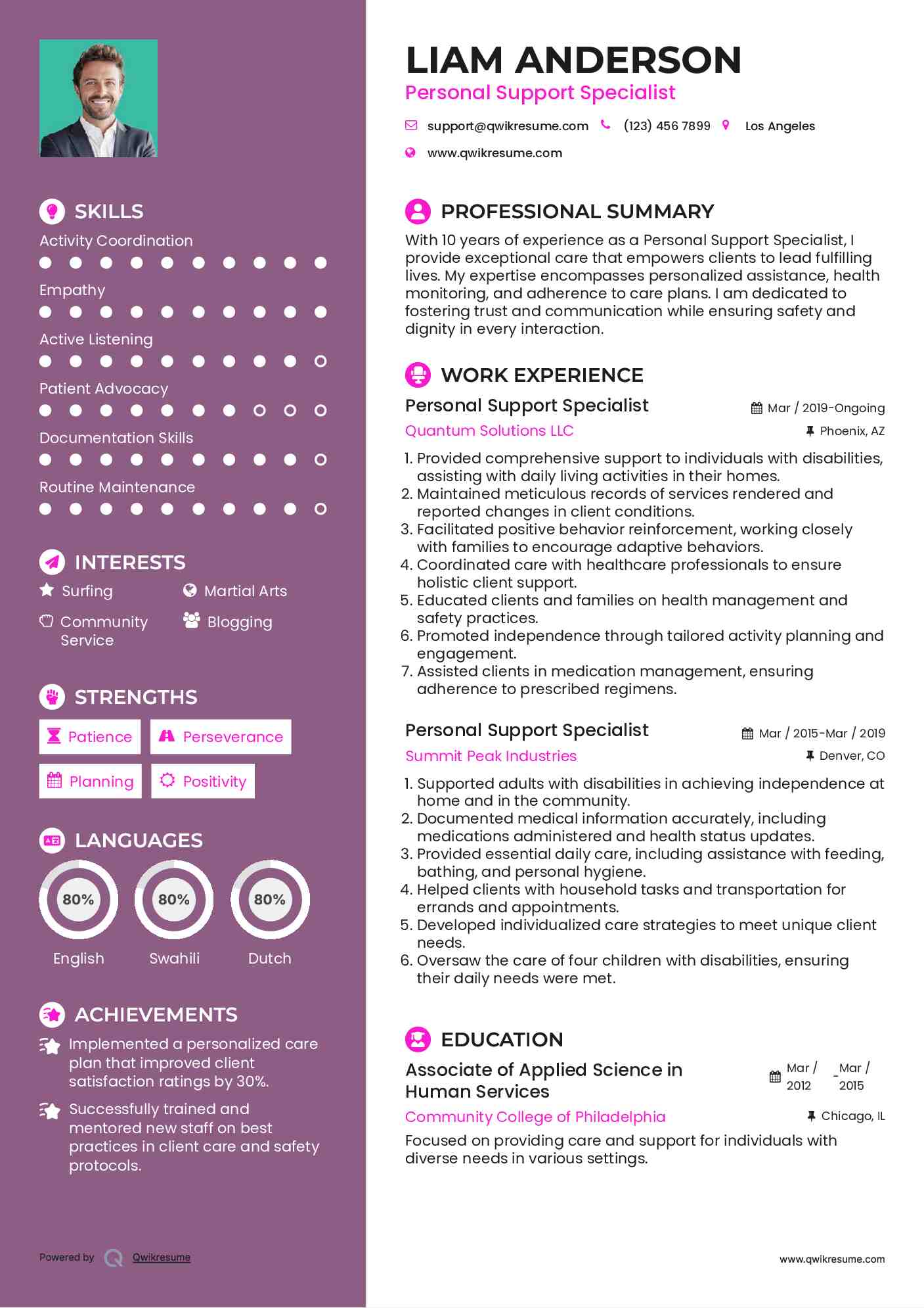 Personal Support Specialist Resume Template