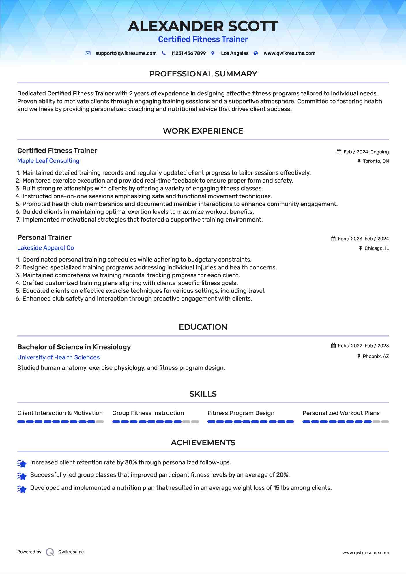 Certified Fitness Trainer Resume Model